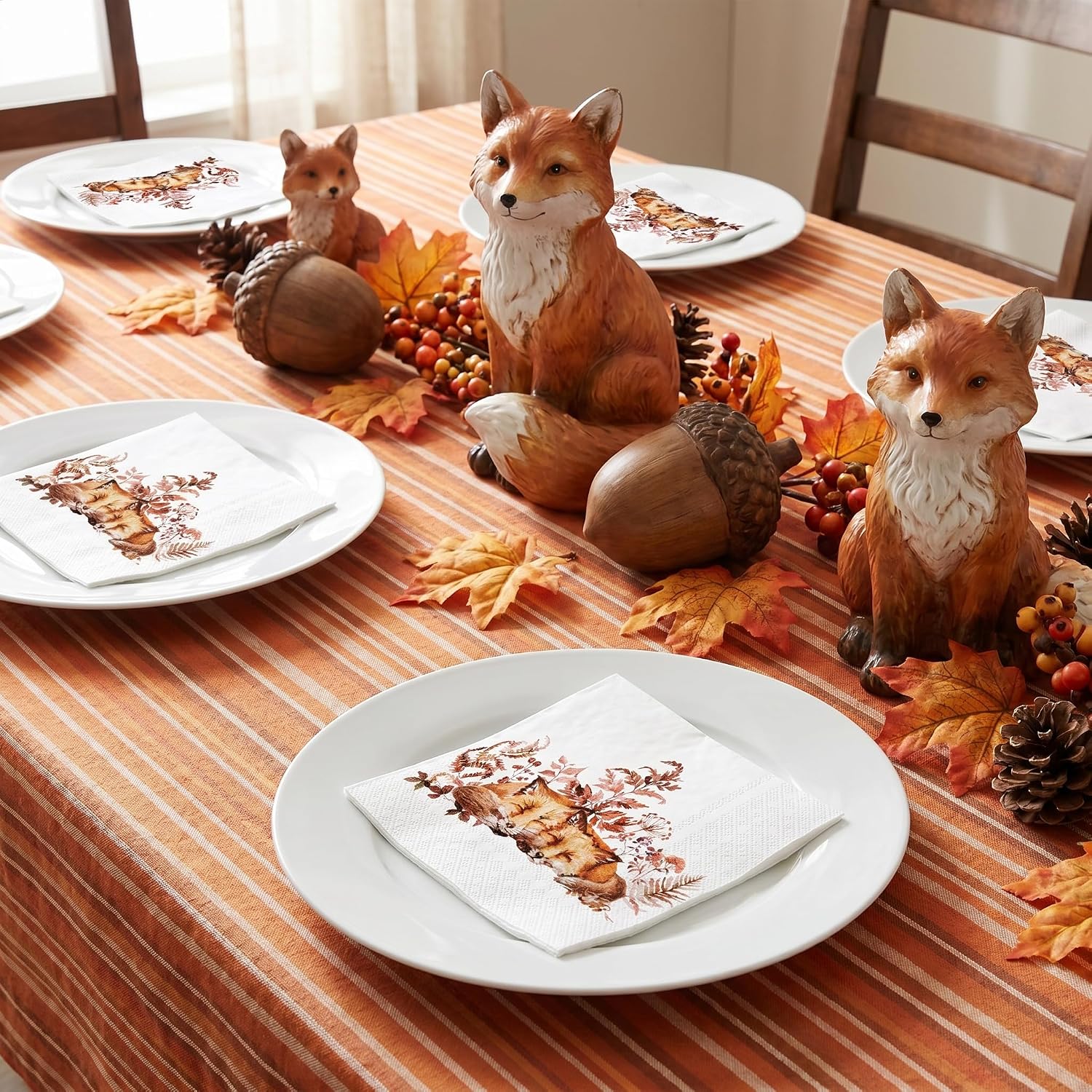 WRAPAHOLIC 50Pcs Fall Cocktail Napkins - 3-Ply Watercolor Forest Leaves and Foxs Disposable Paper Napkins for Thanksgiving, Kids Birthday and Fall - 5 x 5 In