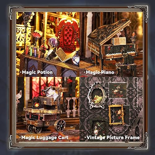 Miniatura 11 de Flever Kit miniatura de rincón de libro para casa de muñecas, decoración de estantería de libros de casa de muñecas para bricolaje, rompecabezas