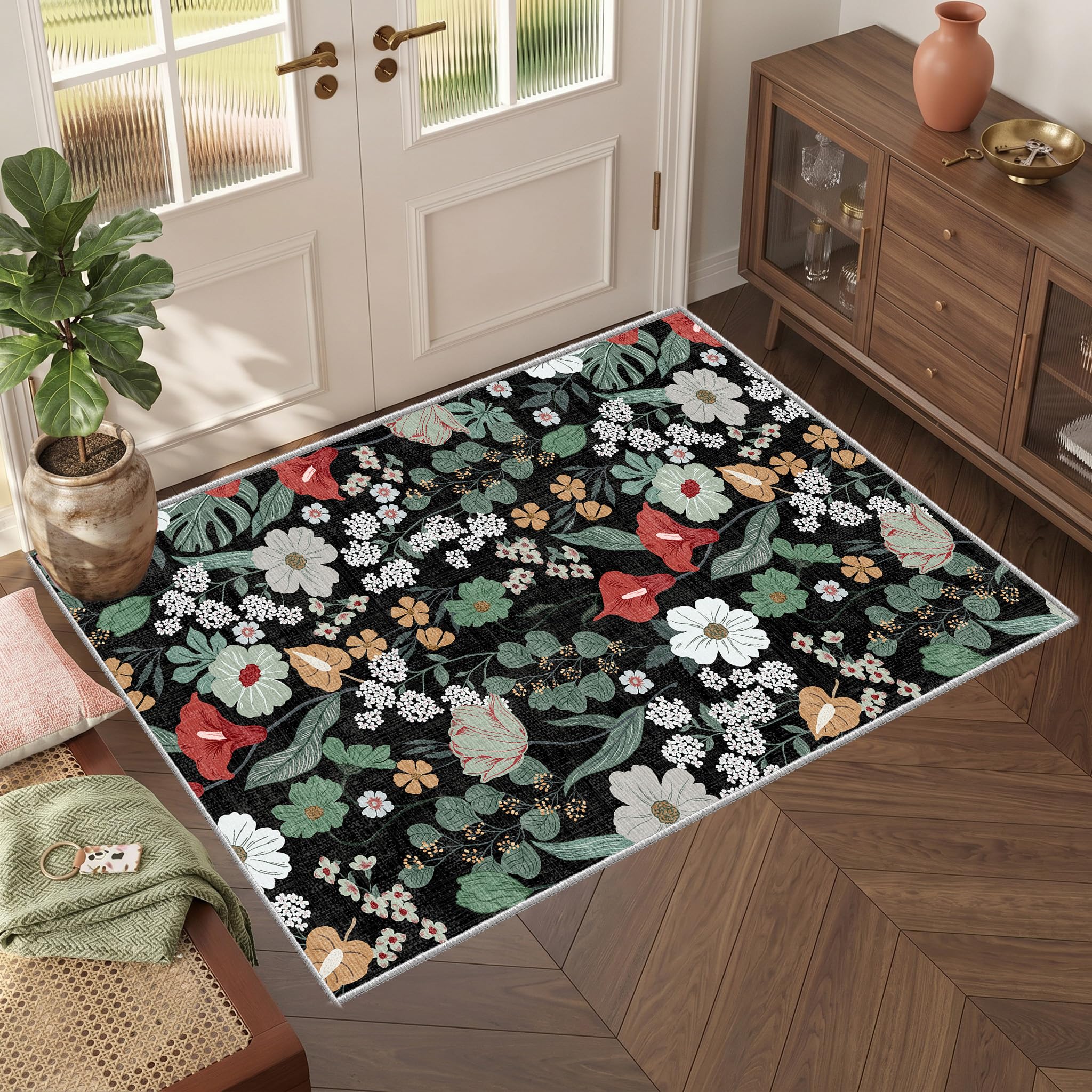 WQMMD Black Floral Rug 60x90 cm – Machine Washable, Non‑Slip Low Pile Mat for Entryway, Kitchen, Bathroom & Bedroom – Boho Vintage Garden Pattern Carpet for Home — image 1
