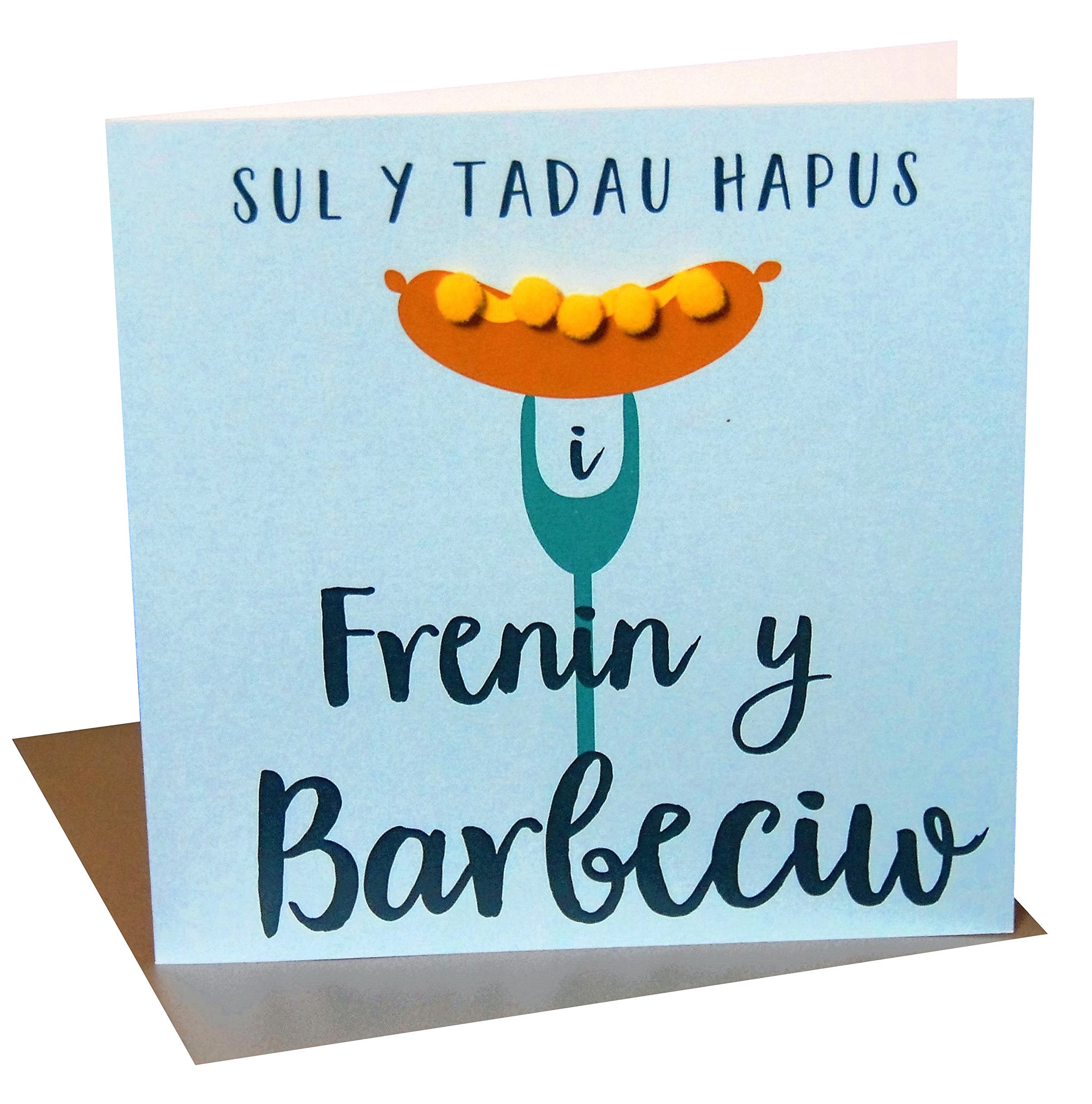 Claire Giles Greeting Cards, Welsh Happy Father's Day Card, Sul y Tadau Hapus, "BBQ King", Pompom Embellished