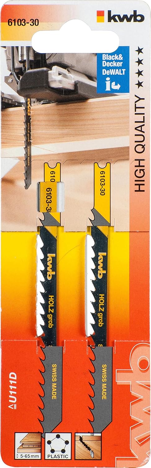 kwb Jigsaw Blades for Wood Made of Flexible HCS Steel with Universal Shaft (U Shank), Special Puncture Tooth, Long Lasting Sharpness, Black Painted, Quick Cut