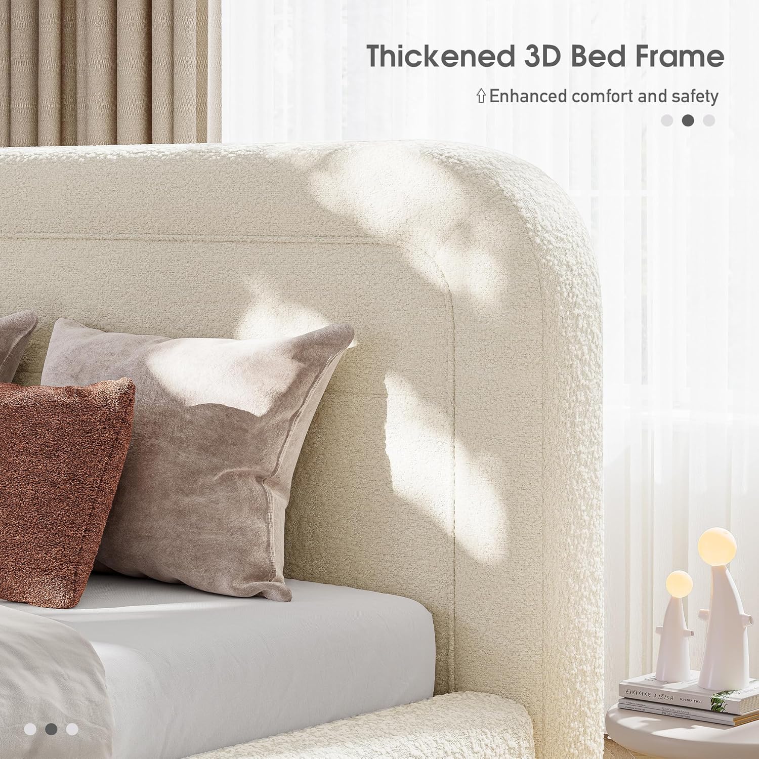 Homkdom King Size Bed Frame and Headboard, Upholstered Cloud Bed Frame, Anti-Collision Soft Rounded Corners, Boucle Platform Bed for Apartments, Guest Rooms, No Box Spring Needed,Beige