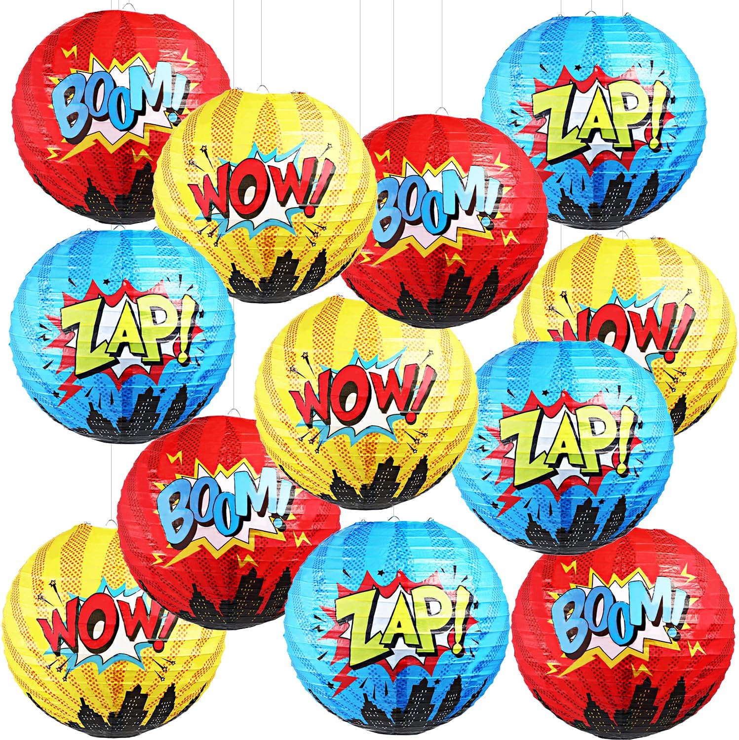 6 Pcs Hero Themed Party Decorations Fun Hero Paper Lanterns Hanging Comic Wow Zap Boom Lanterns for Adults Birthday Party Supplies