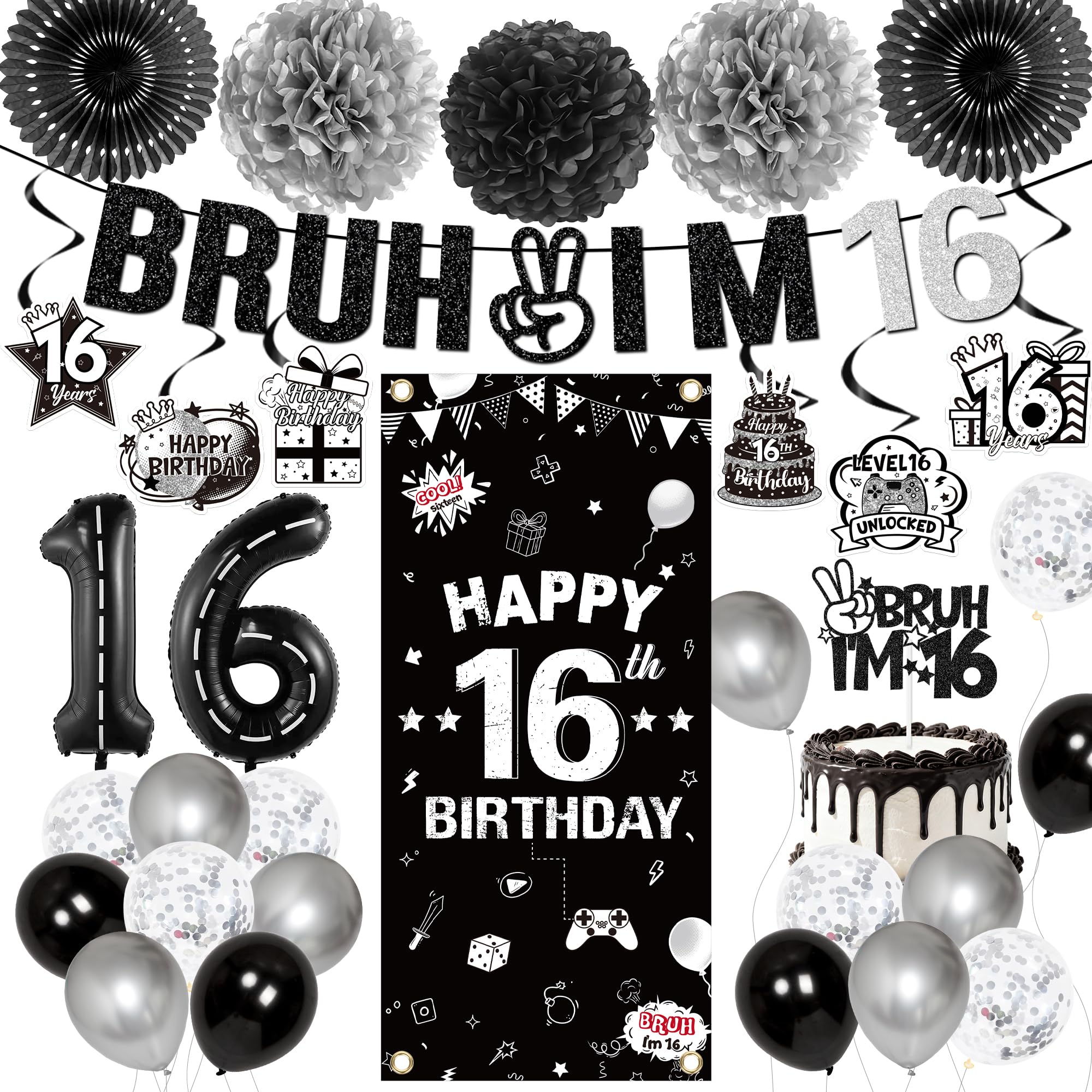 16th Birthday Decorations for Boys - Black Bruh I'm 16 Years Old Bday Door Sign Backdrop Banners and Hanging Swirls Balloons Cake Topper Paper Fans Set for Boys Son Brother Birthday Party Supplies
