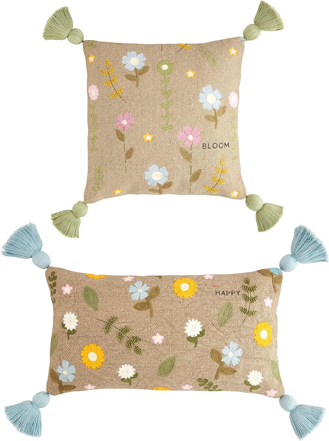 Mud Pie Embroidered Dhurrie Floral Pillow, Happy