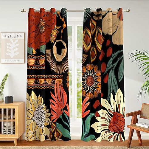 Miniatura 10 de Cortinas Opacas Florales Bohemias Negras 100% para Dormitorio 72 Pulgadas de Largo 2 Paneles Cortinas Opacas Botánicas de Mediados de Siglo Negras