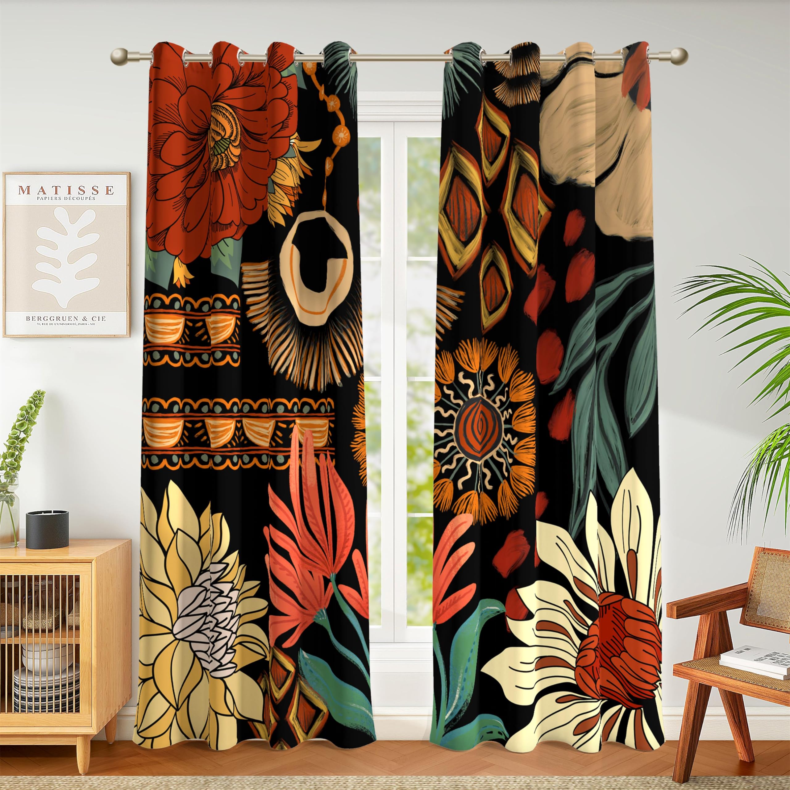 Tyrot Black Floral 100% Blackout Curtains for Bedroom, 52W x 72L,2 Panels