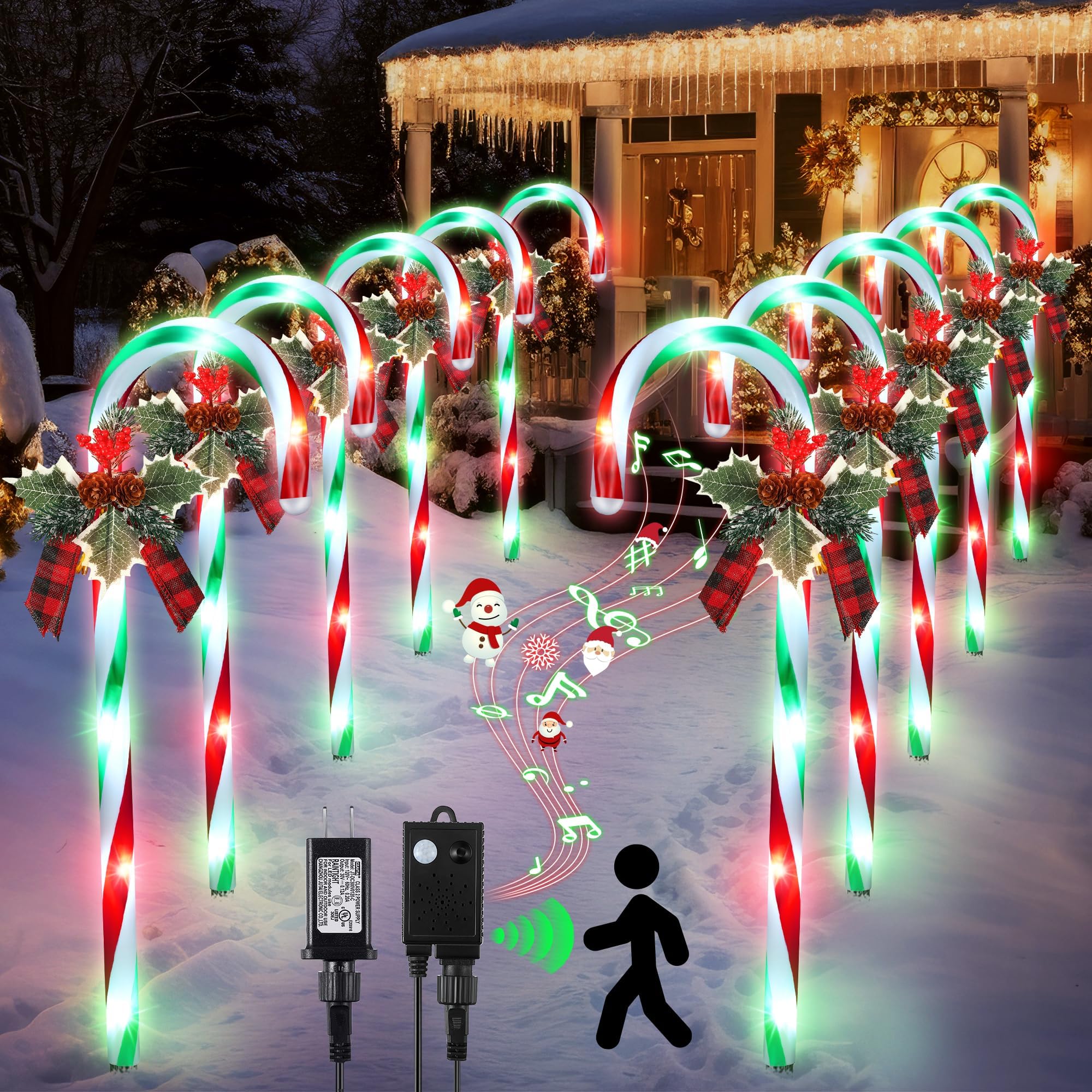 Hiboom 12 Pcs Christmas Candy Cane Light with 4 Christmas Theme Music ...