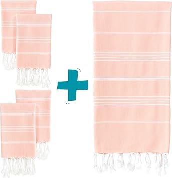 WETCAT Bundle Turkish Hand Towels 20 x 30, Set of 2 and Turkish Bath Towel 38 x 71 - 100% Cotton, Prewashed for Soft Feel - Peach Bathroom Decor and Accessories & Peach Towels