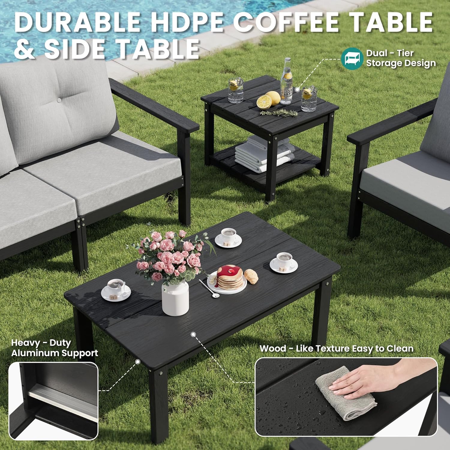 6-Piece HDPE Patio Furniture Set, Outdoor Sectional Sofa Set,All Weather Outdoor Couch with Dust-Free Cushions, Durable Patio Conversation Sets for Balcony, Porch, Black