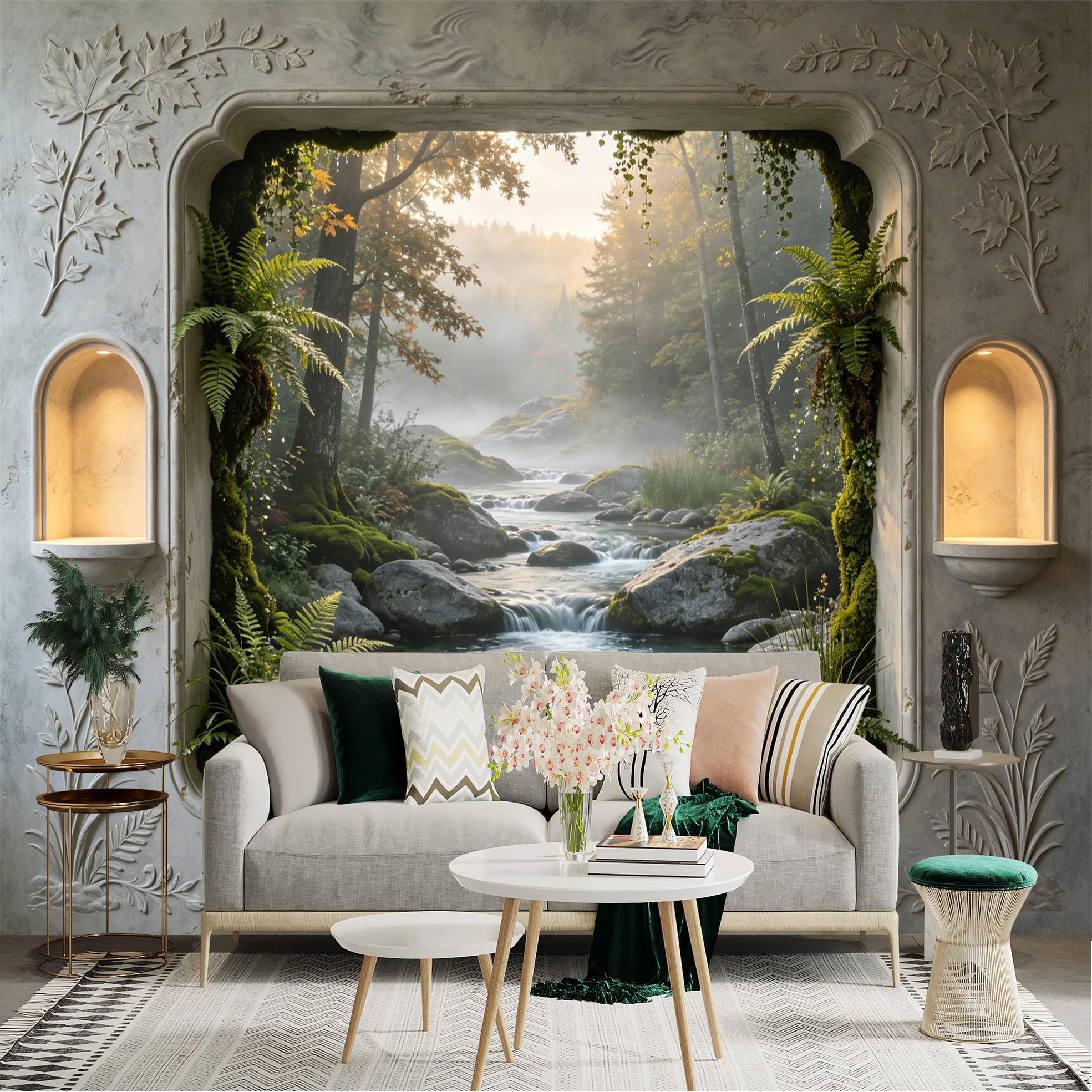 Custom Size Wall Sticker Mural， Misty Forest River with Mossy Rocks and Lush Ferns， for wall Decoration， peelandstick wall Decals.
