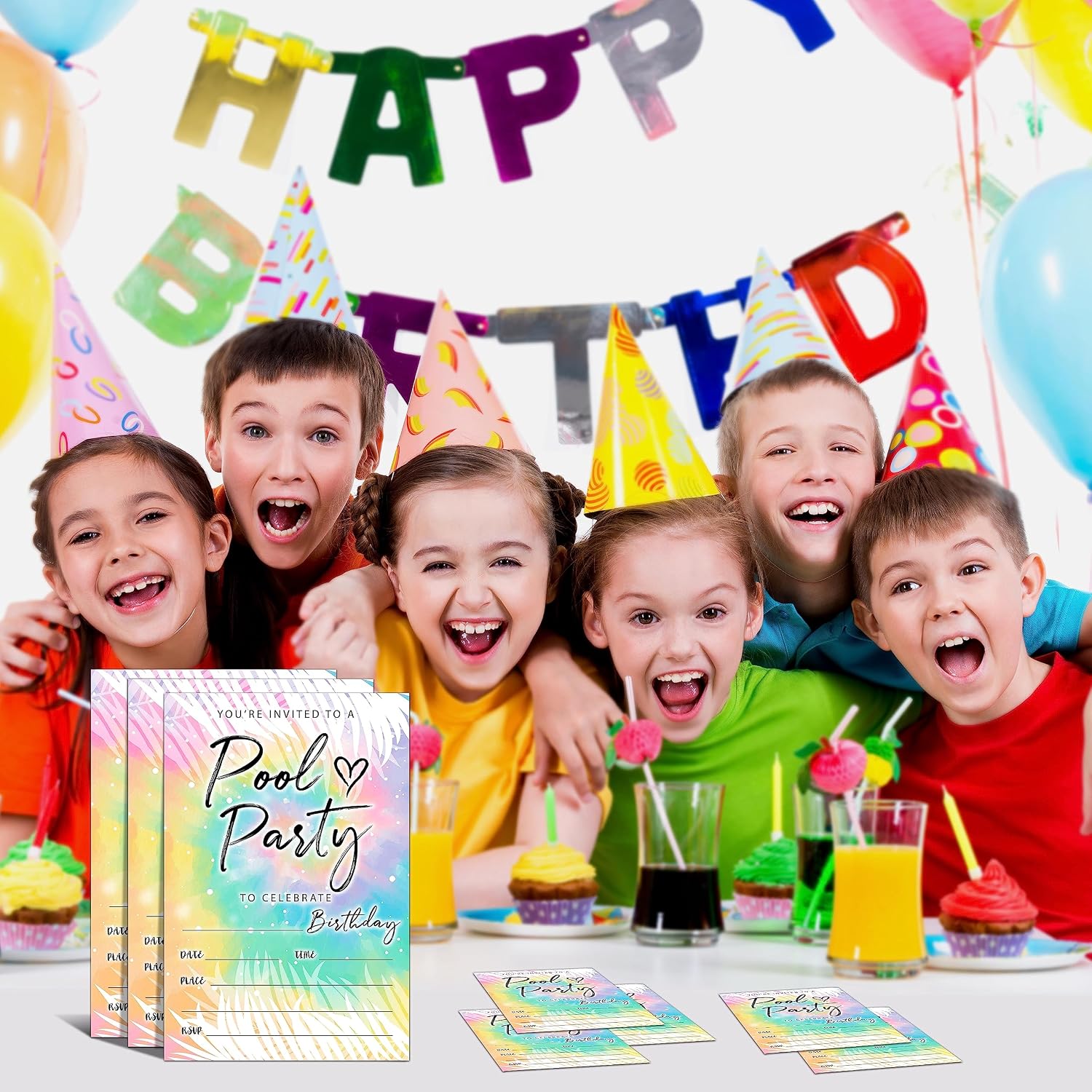 YSTEP Pool Party Birthday Invitations, 20 Invite Cards with Envelopes, 4"x6" Tie Dye Birthday Invites - D05