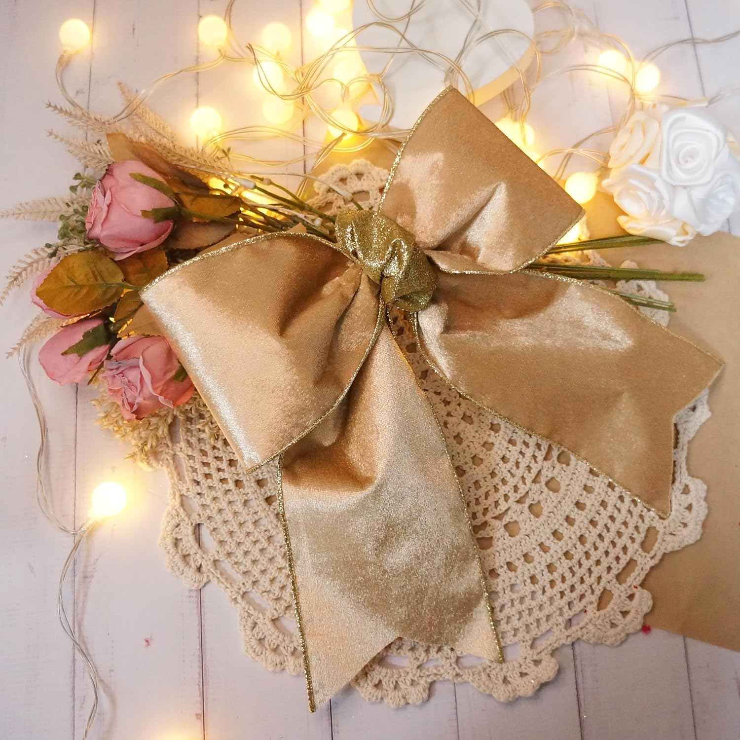 4" Champange Gold Velvet Gold Glitter Backing Wired Ribbon 10 Yards for Christmas Wedding Wreath Gift Wrapping Home Décor DIY