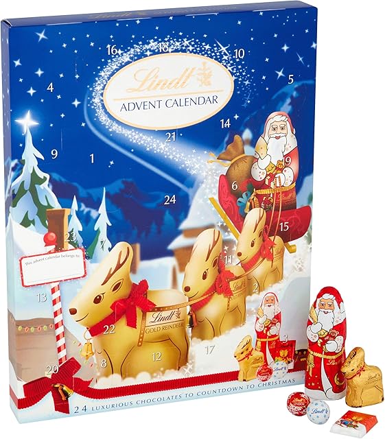 Lindt Milk Chocolate Christmas Advent Calendar 2022, A selection on 24 Finest Christmas Milk Chocolate Figures and Truffles for a Magical Christmas Countdown for Him and Her, 160g