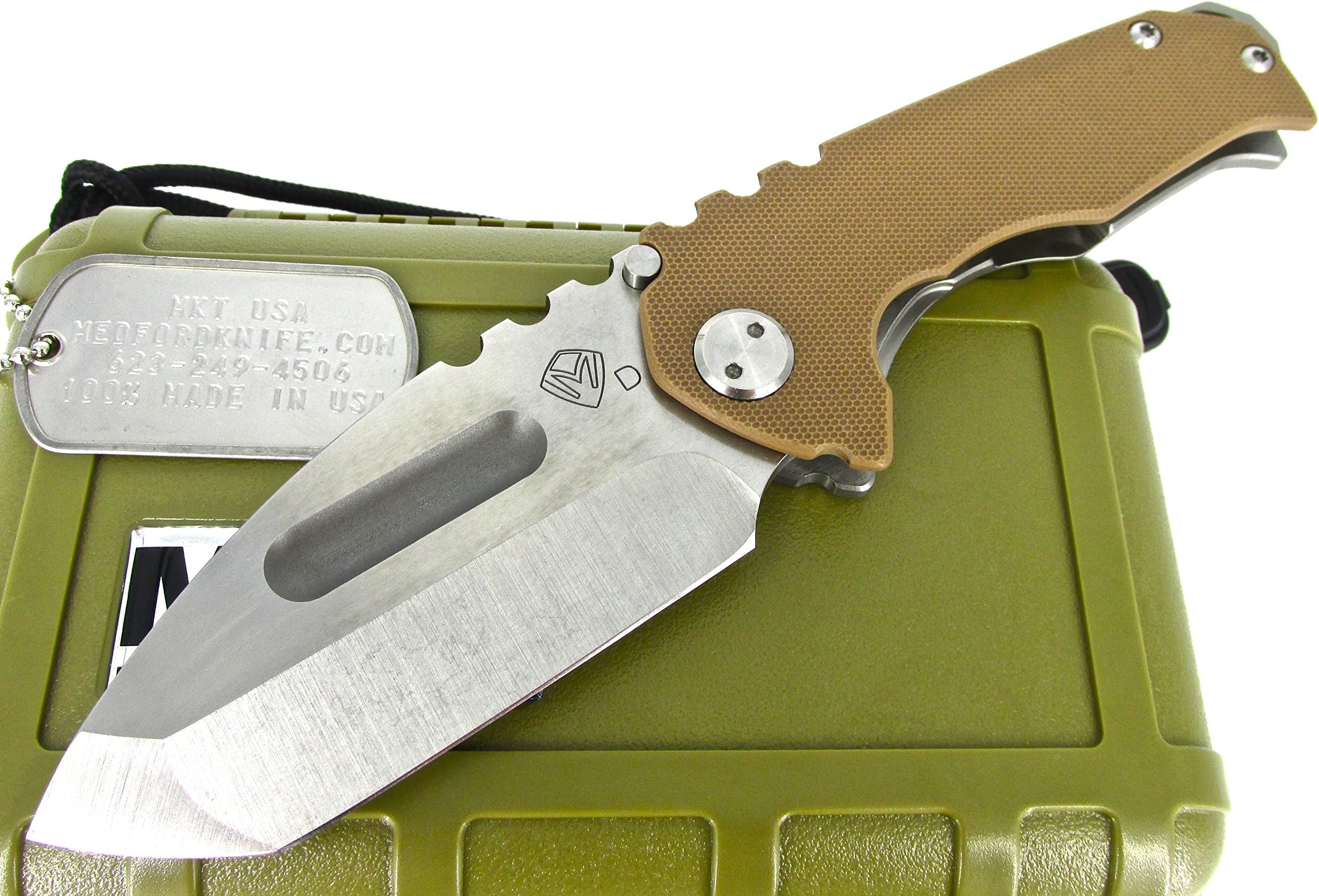 Medford Knife & Tool Praetorian Genesis Tactical Folder Knife Tanto Point Coyote G-10/Tumbled Ti Handles Tumbled Finish MK28DTT-09TM