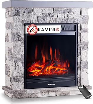 KAMINIO Juan Electric Fireplace in Stone Look with Heating 3D Flame Effect Remote Control (Grey)