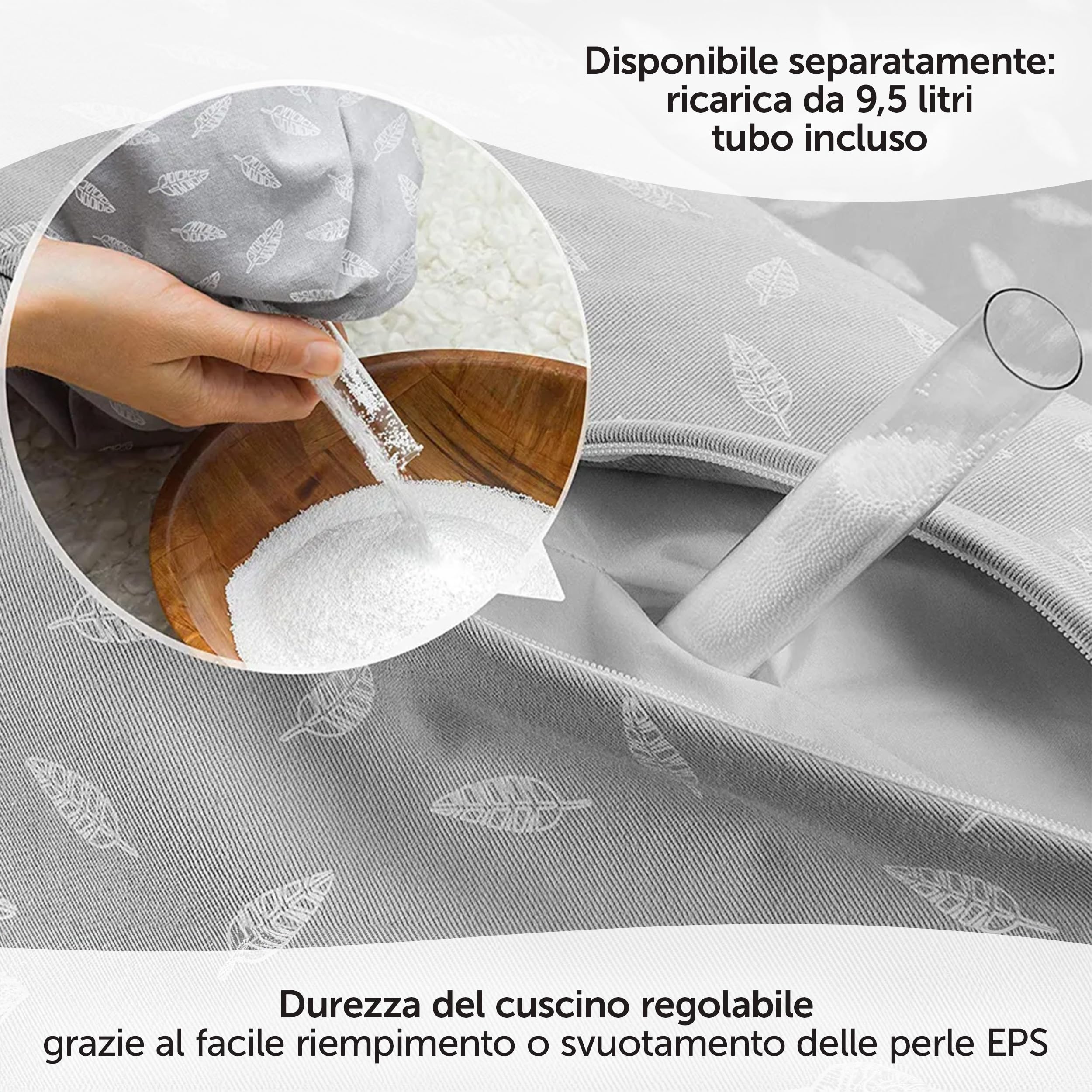 Theraline Cuscino Allattamento e Gravidanza 190 cm - Imbottitura Microperle EPS, Federa Cotone 100% | Lavabile, senza Sostanze Nocive - Bianco Grigio