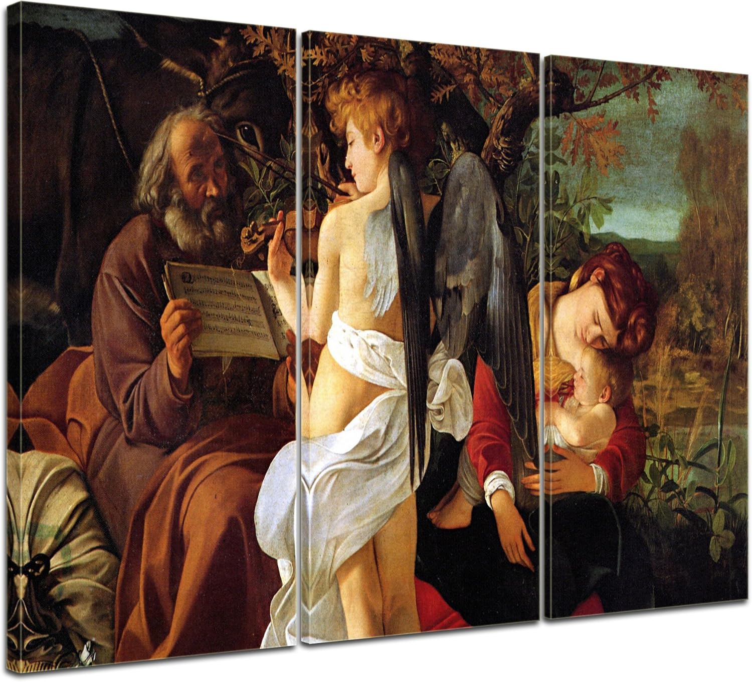 Kunstdruck mit Winter SALE - Caravaggio - Ruhe auf der Flucht nach Ägypten - 150x90cm dreiteilig - Alte Meister - Leinwandbilder - Bilder als Leinwanddruck - Bild auf Leinwand - Wandbild von Bilderdep