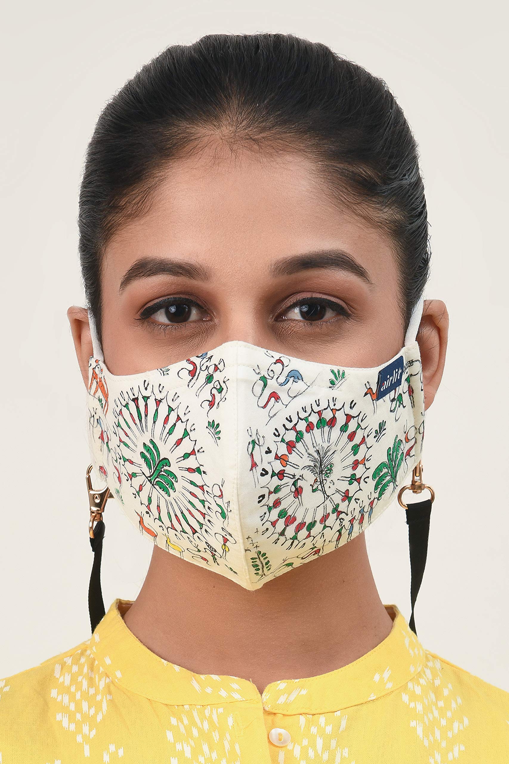 Airlit The Dhanu Yatra Handmade Cotton Face Mask with Nosepin - Saura Art Hand Painted, Reusable, 4 Layers Breathable Masks for Men and Women