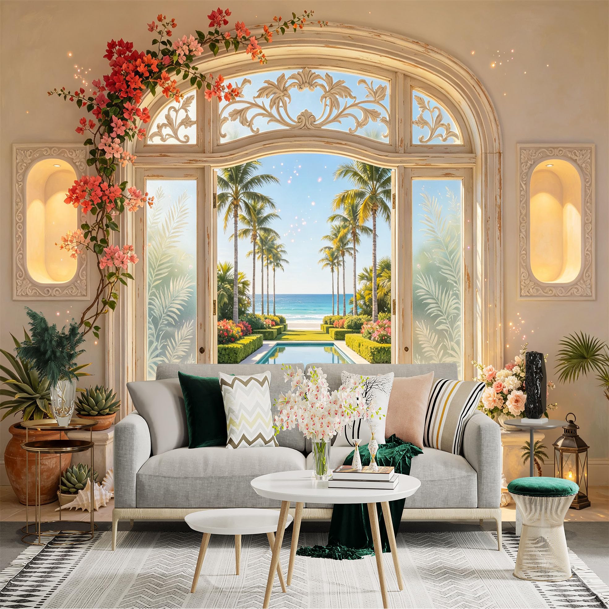 Custom Size Wall Sticker Mural， Tropical Beach View with Palm Trees， Coastal Garden and Poolside Archway， for wall Decoration， peelandstick wall Decals.