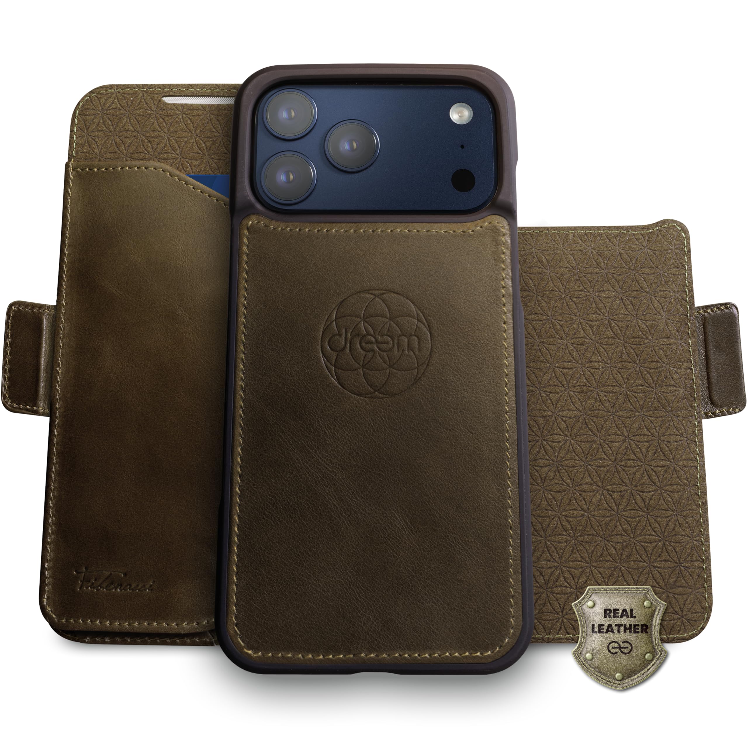 Protection iPhone 17 Pro Max antichoc portefeuille RFID cuir véritable Olive