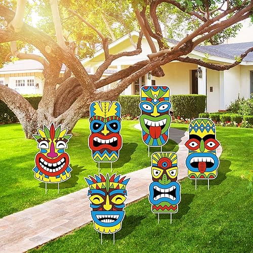 Miniatura 5 de Letreros grandes de Luau Tiki para patio, 6 piezas con estacas para exteriores, césped, playa, arena, decoraciones de fiesta de verano con temática