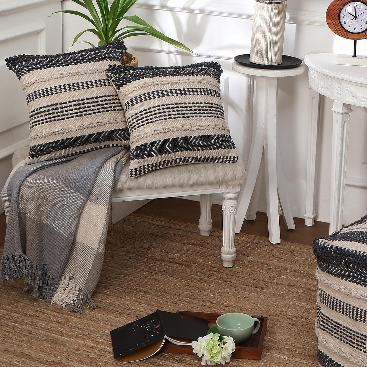 REDEARTH · Boho Textured Throw Pillow - Cushion Covers Woven Tufted Decorative Farmhouse Cases Set for Couch - Sofa - Bed - Dining - Patio - Outdoor - 100% Cotton (18"x18" -Precis Descant) Pack of 2