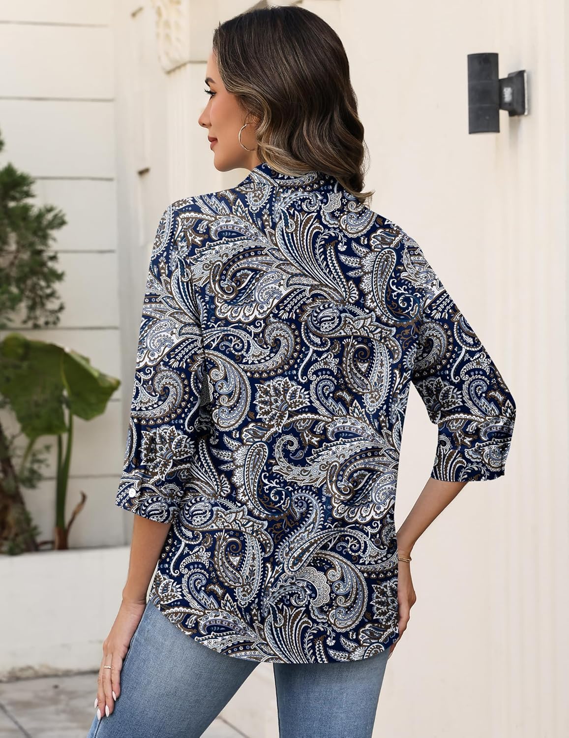 Zeagoo Button Down Shirts for Women 3/4 Sleeve Tops V Neck Collared Blouses Business Casual Outfits S-2XL - Image 5