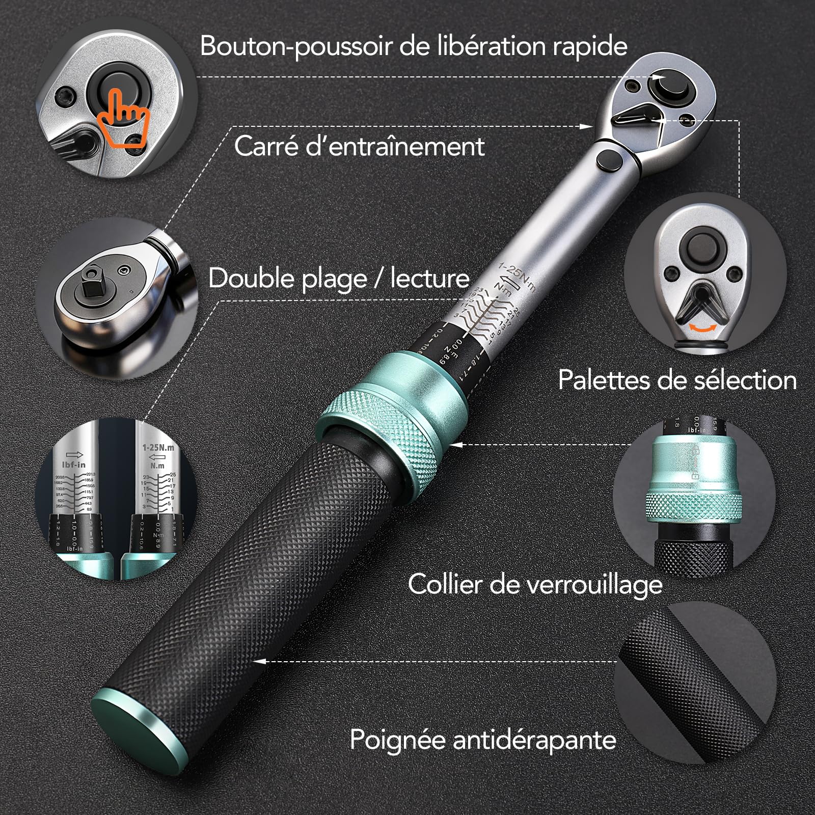 Clé Dynamométrique 1/4" 1-25Nm pour Vélo et Moto | Précision ±3% | Mécanisme à Clic Réversible 72 Dents | Kit d'Entretien avec Douilles Allen, Barre d'Extension, Adaptateurs