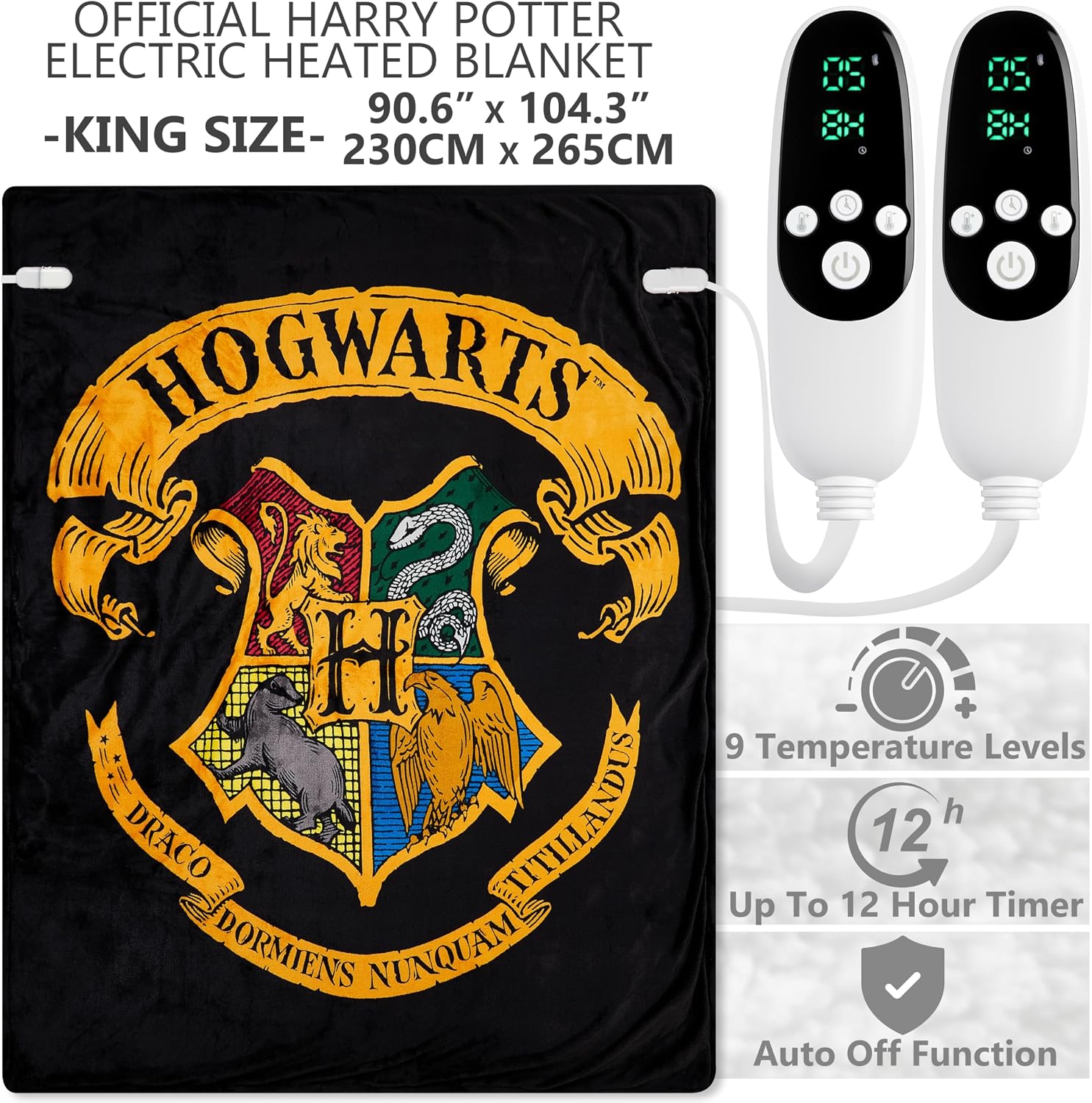 Get Trend Harry Potter Gifts Heated Blanket Electric, King Size Luxurious Soft Fleece Weighted Blanket, Heating with 9 Heat Settings & Auto Shut-Off, 90x105in (Black Harry Potter, King US)