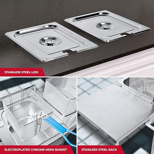 Miniatura 3 de Freidora plateada con termómetro, freidora de propano con 2 cestas y tapas de acero inoxidable, temperatura ajustable con perillas de regulación