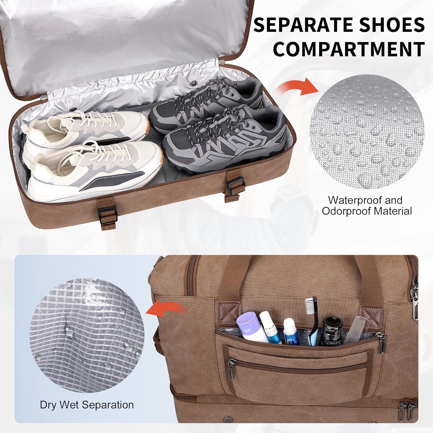 WITZMAN Duffle Bag for Men 50L Canvas Weekender Overnight Bag with Toiletry Bag Sets Travel Duffel Bag Shoes Compartment(A8010-2 Brown) - Image 4