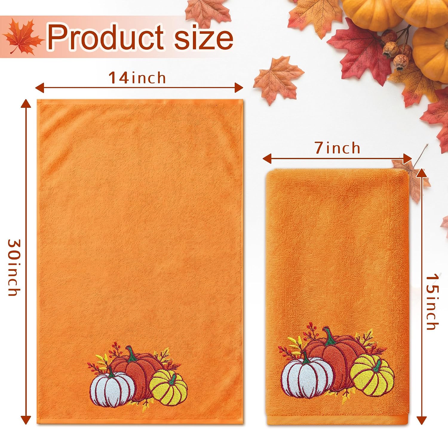 Hexagram Fall Hand Towels Set of 2, Pumpkin Embroidered Fall Bathroom Decor