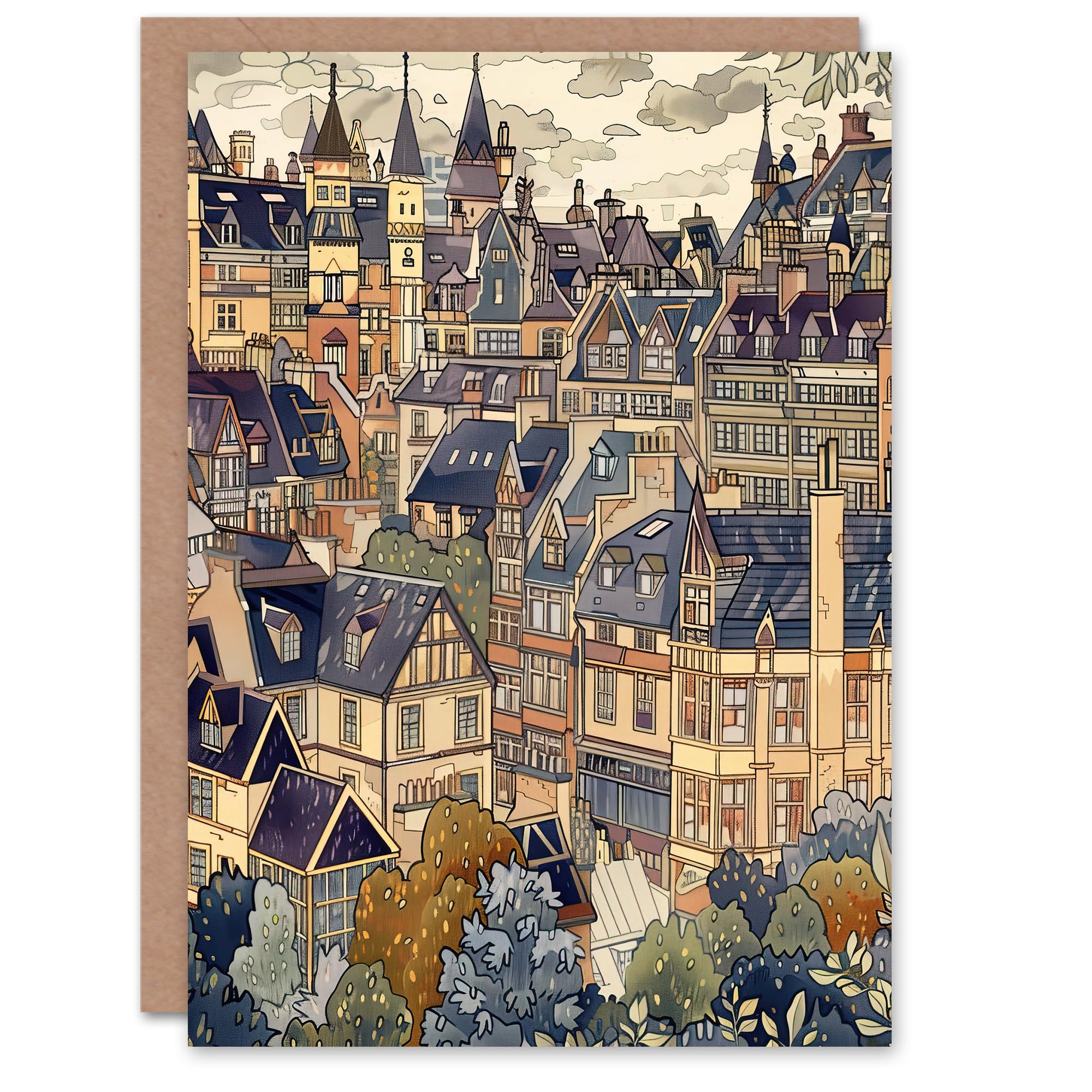 Artery8 Cityscape Painting of Townhouses in Trees Greeting Birthday Card Him Her All Blank