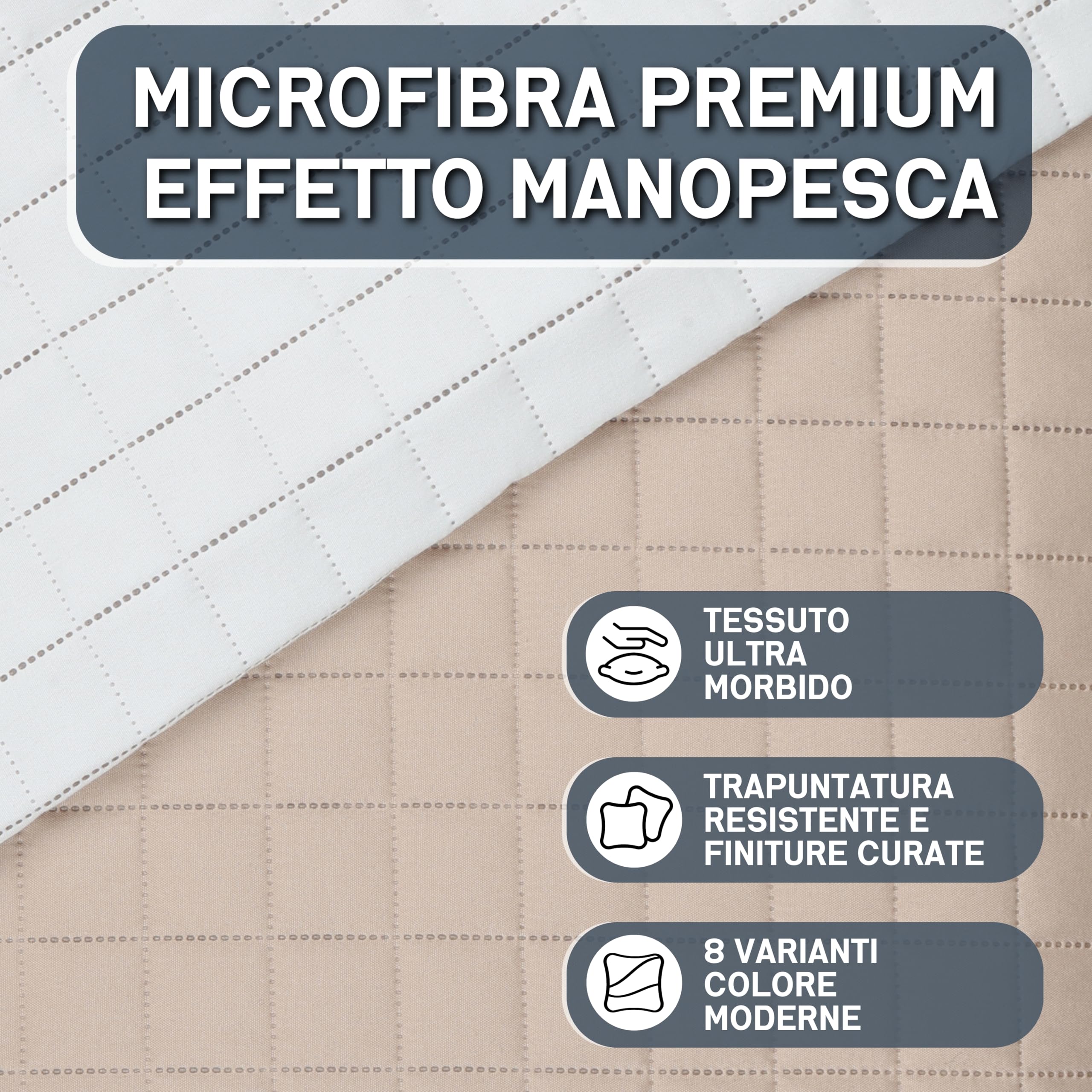 Clara Home Milano Copriletto Trapuntato Capri in Microfibra Manopesca, Double Face, Trapuntino Primavera Estate, Qualità Premium, Made in Italy, Coperta Letto Matrimoniale, Colore Beige - 2