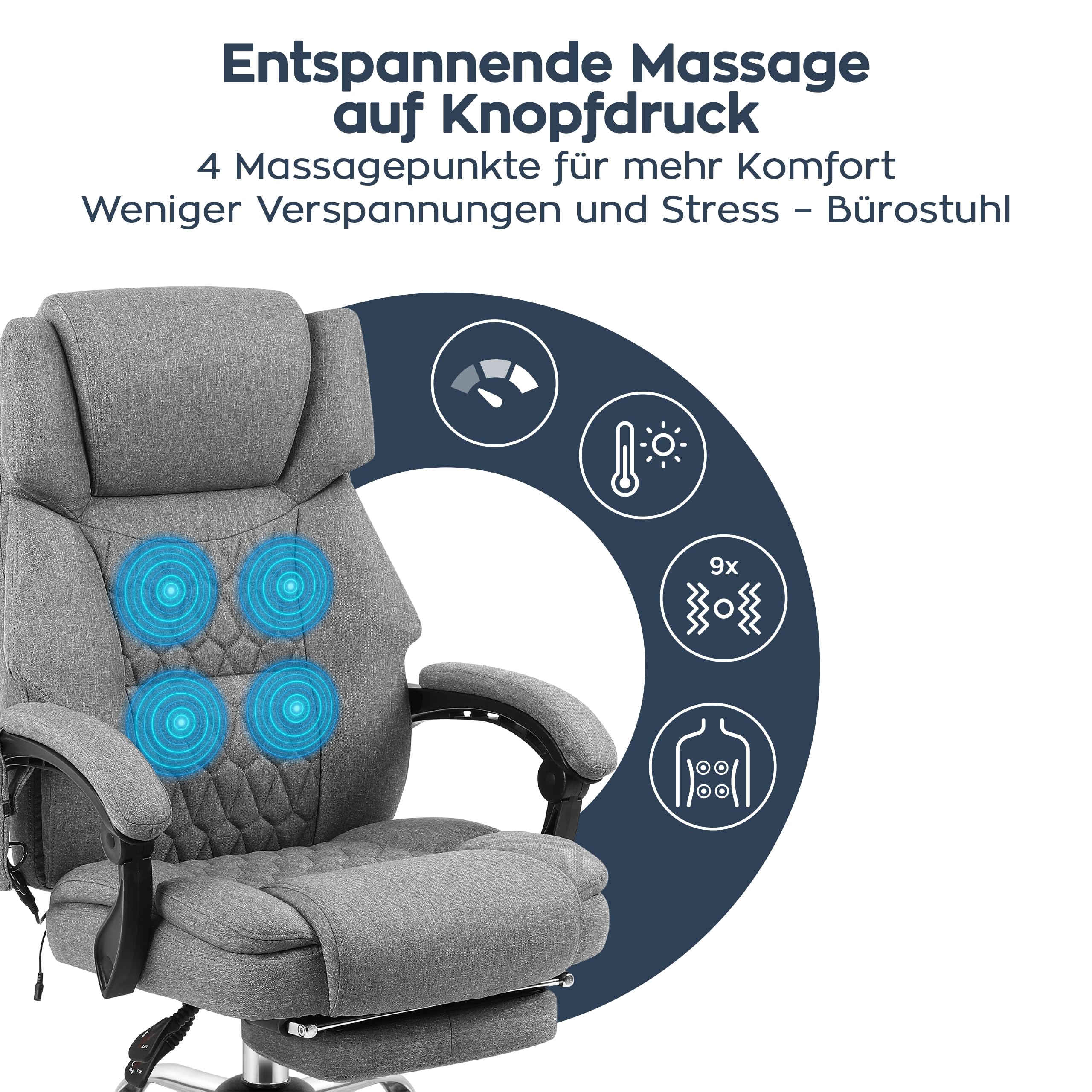 MARK ADLER Boss 6.0 Ergonomischer Chefsessel mit Massagefunktion, Bürostuhl | Massagesessel - 4 Punkt Vibrations - Fußstütze - Wärmefunktion - Drehbar - Kopfunterstützung - Kunstleder - Grau