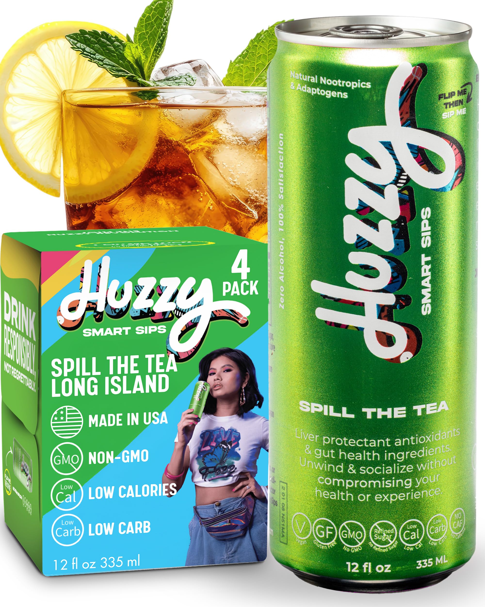 Huzzy Smart Sips Non Alcoholic Drinks - Long Island Inspired Canned Beverage - Alcohol Free Functional Cocktails - Low Calorie, Low Carb, No Refined Sugar, No Caffeine & Artificial Colors - 4 Pack
