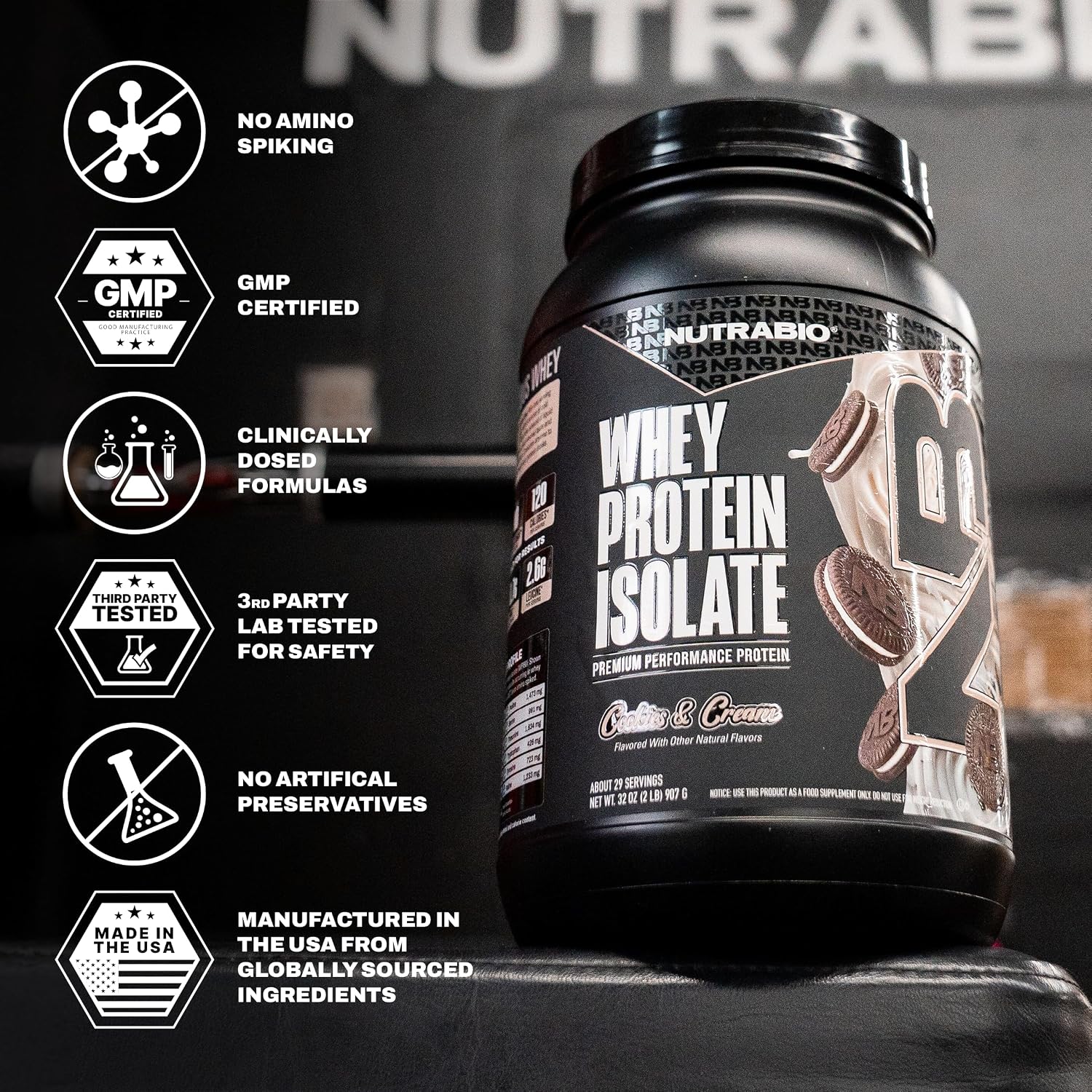 NutraBio 100% Whey Protein Isolate Protein Powder, 25g Protein with Complete Amino Acid Profile, Non-GMO, Soy & Gluten Free, Low Carb, Low Calorie Whey Protein Powder, Cookies & Cream, 2 Lbs