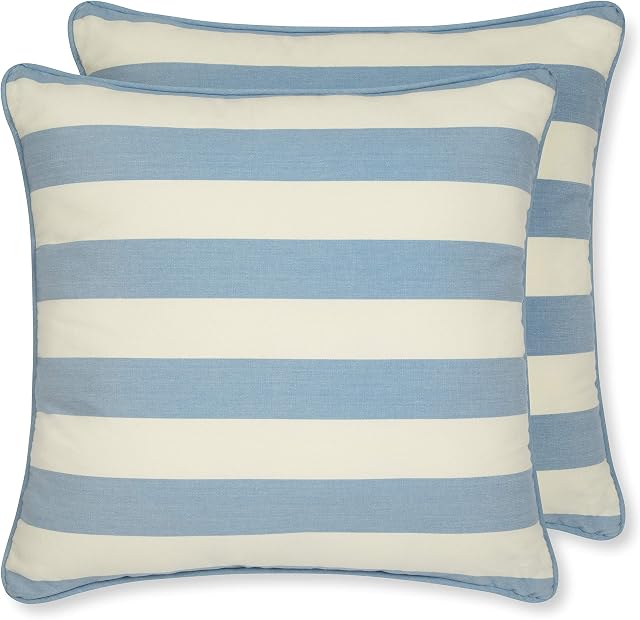 Sticky Toffee Striped Cushion Cover - Cornish Blue Stripe, Square Set of 2 | 100% Cotton | Patterned Covers Perfect for Indoor or Outdoor Furniture, for Sofa, Bed or Chair Pillows | Zipped & Washable