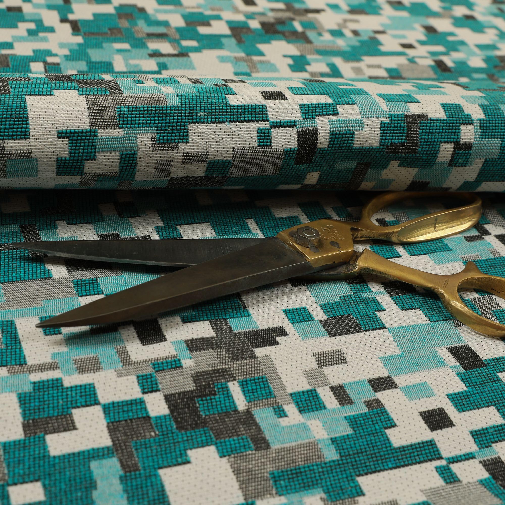 Redbrick Mill Fabrics Modern Geometric Pattern Teal Blue Grey Lightweight Upholstery Furnishing Fabric (10cm x 8cm Sample)