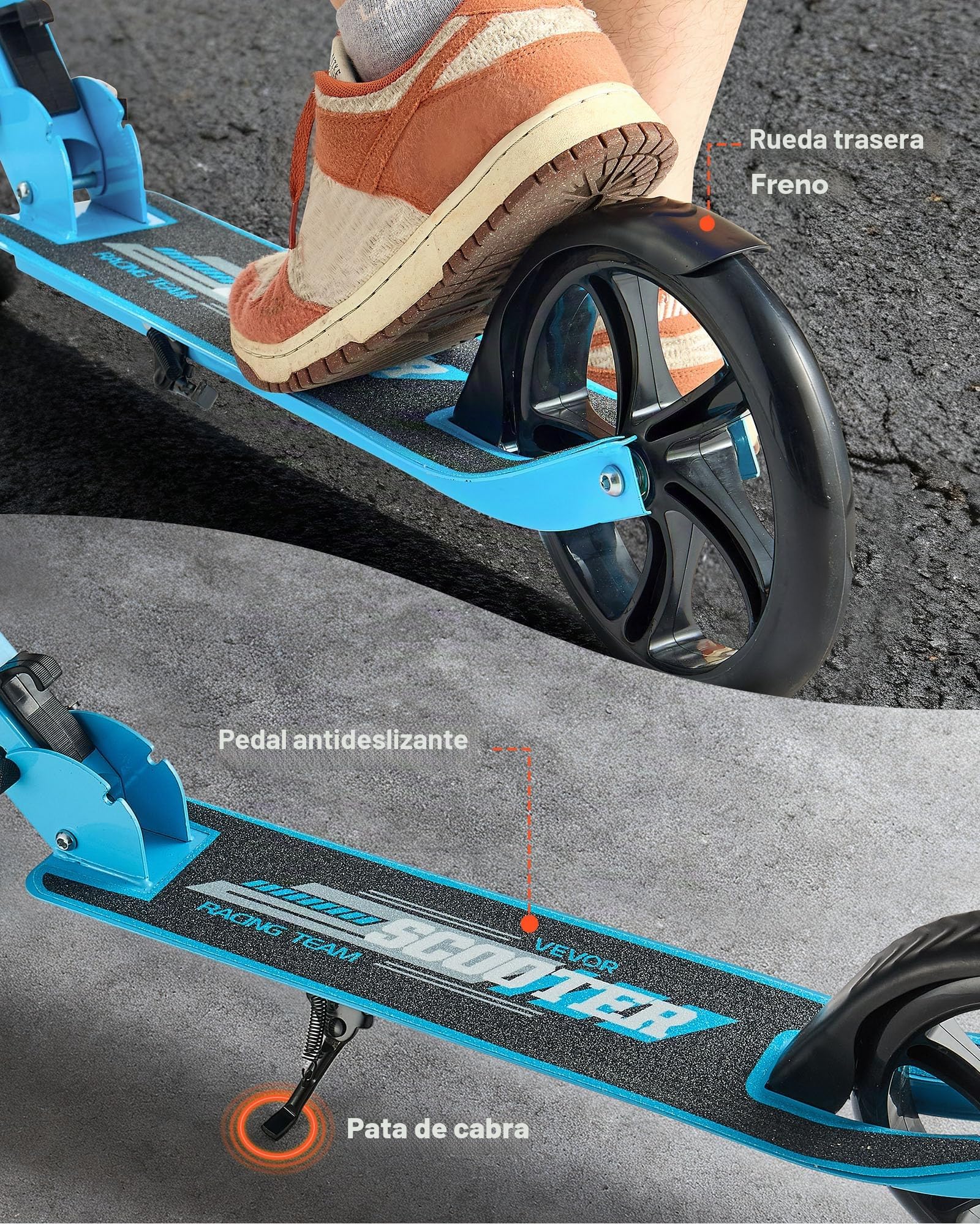 VEVOR Patinete 2 Ruedas, para Niños a Partir de 8 Años, con Manillar Regulable en Altura y Base Antideslizante, Patinete Plegable hasta 100 kg, Negro y Azul, Armazón de Acero, 900 x 380 x 1000 mm
