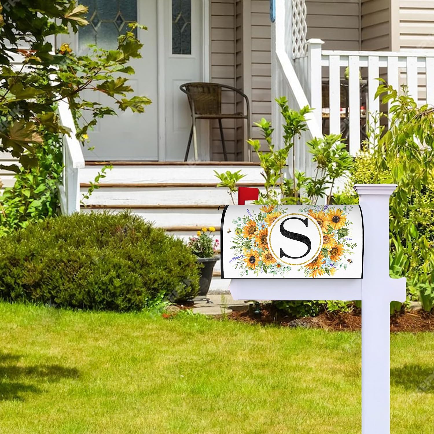 Summer Sunflower Monogram Letter S Mailbox Cover Magnetic 25.5x21 Inch, Family Last Name Initial Post Letter Box Covers, Spring Summer Seasonal Outdoor Yard Garden Oversized Mailbox Decor