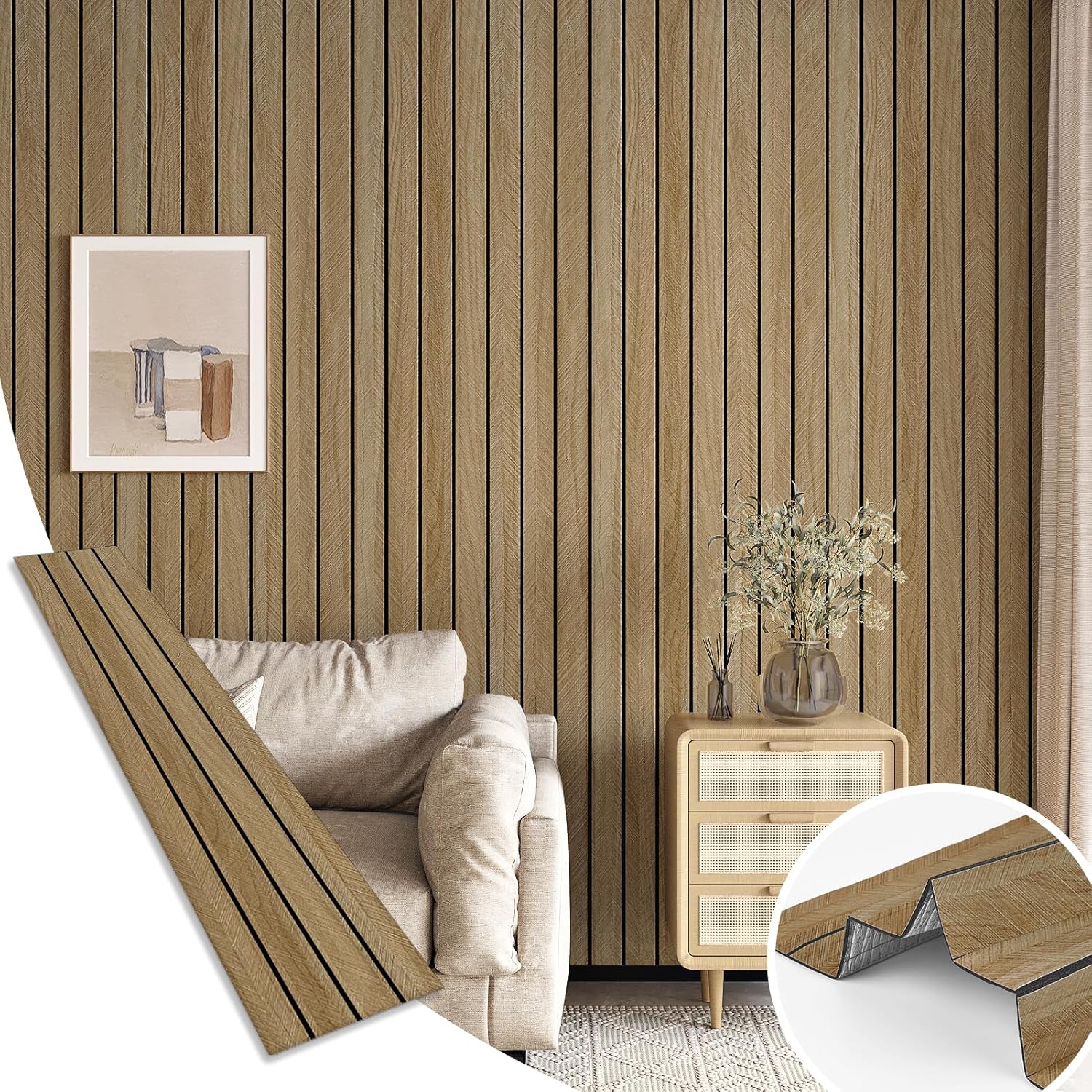 3D Wood Panels for Wall Acoustic Wood Wall Panels 11.8"x196" Soundproof Vintage Wooden Slat Wallpaper Removable Herringbone Shiplap Wallpaper for Bedroom TV Background Living Room Ceiling