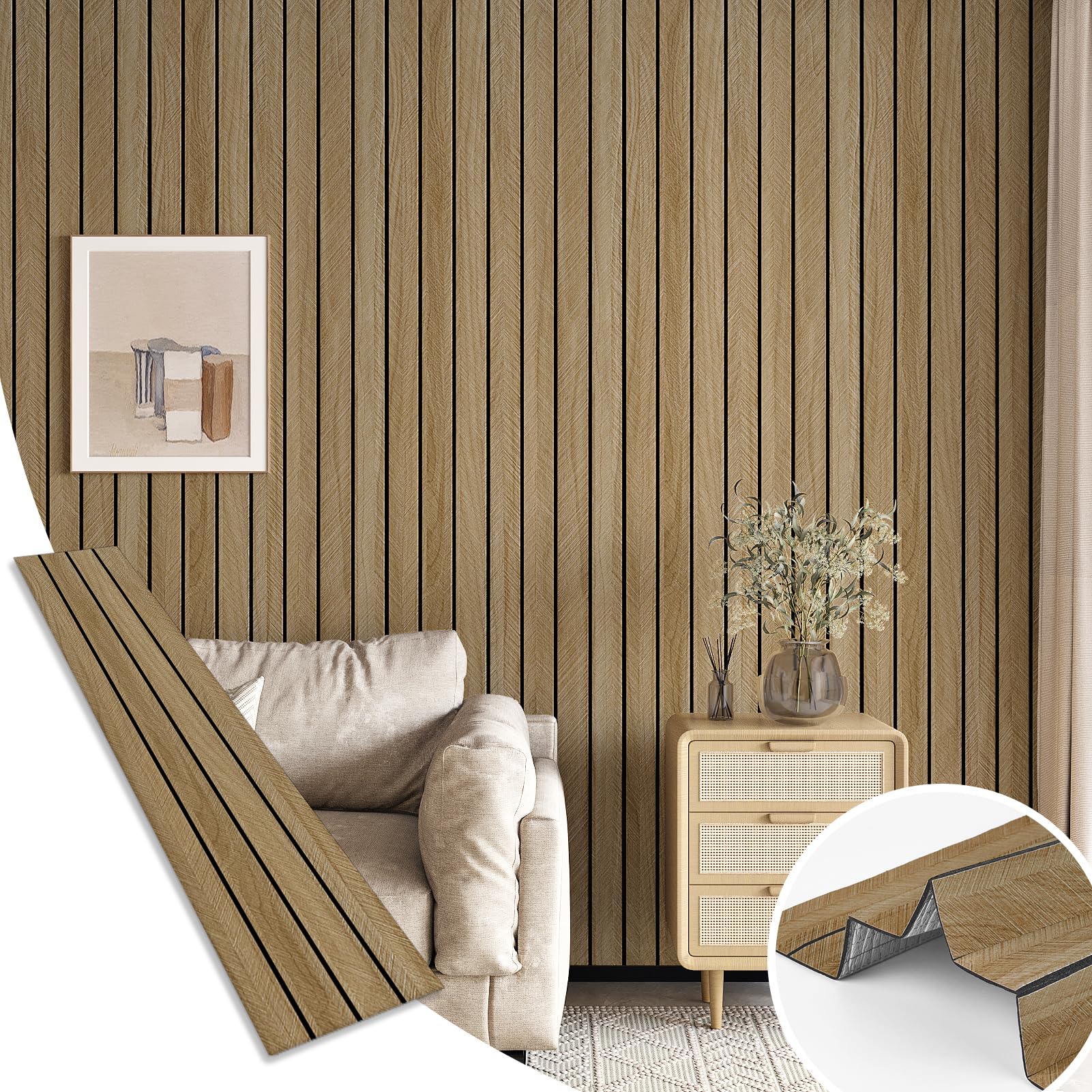 Panel de pared de listones de madera marrón acústico 3D para
