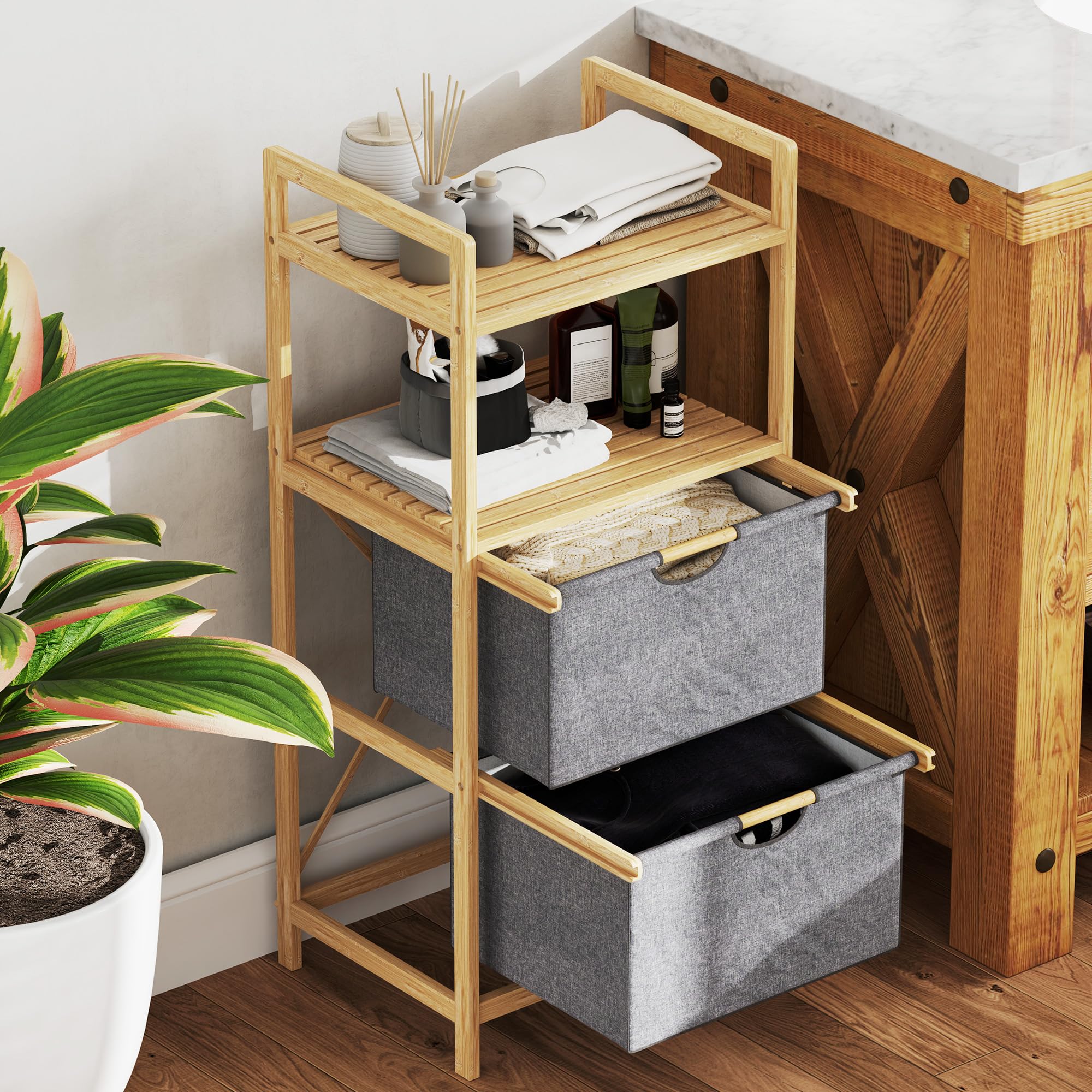 HOMCOM Cesta de ropa 35,4 L con 2 cestas de tela, con asa, Natural | Cesto para ropa, estantes abiertos, caja de ropa, para baño, bambú.