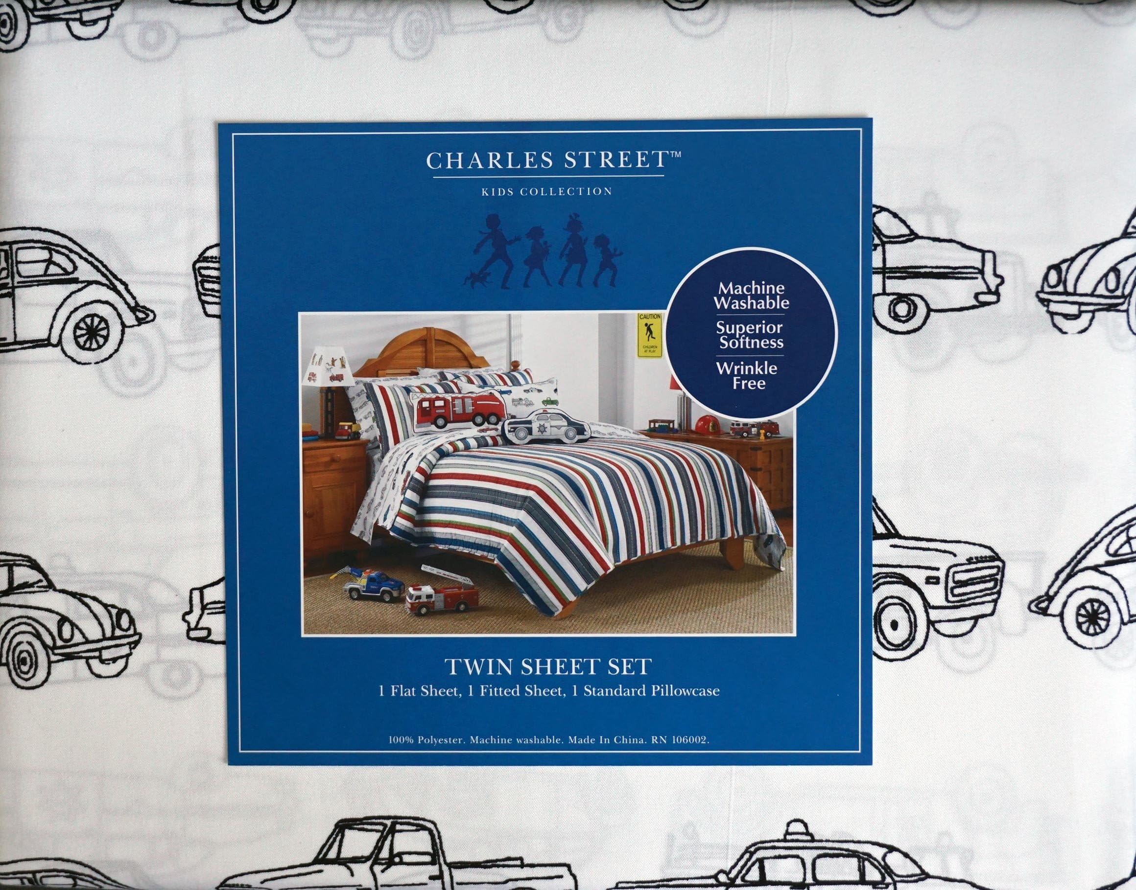 Charles Street 3 Piece Twin Size Kids Sheet Set Vintage Cars Black on White