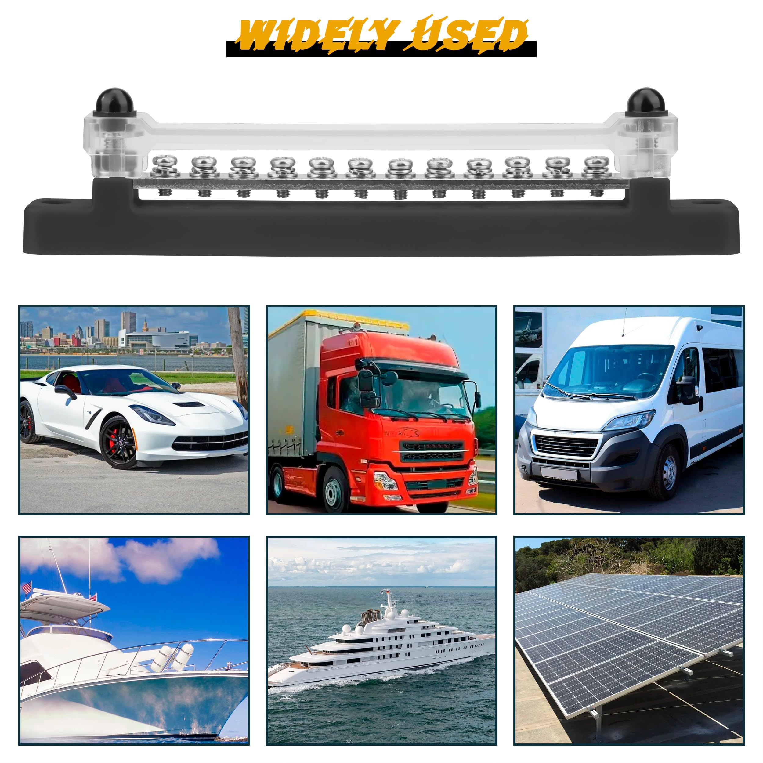 QIMEI-SHOP Bloques de Distribución de Energía 12V-48V Caja de Distribución de Barra Colectora BusBar 150A con 12 x M4 Pernos de Terminal para Automóvile Barco Negro