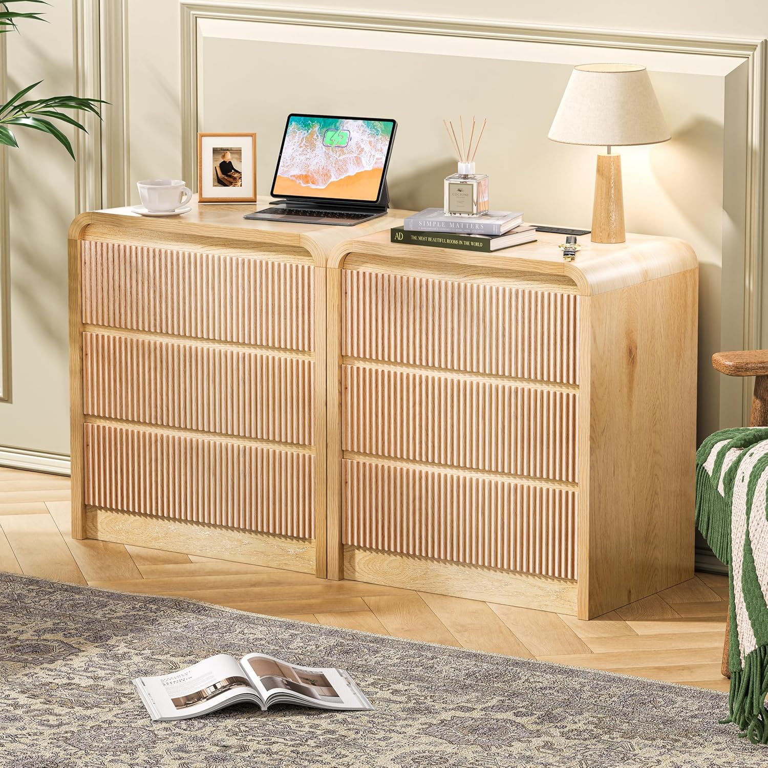 Modern Fluted Night Stand with Charging Station, 25" Tall Wood Nightstand Bedside Table with 3 Drawers & USB Ports, Mid-Century End Table for Bedroom (2, Nature Fluted, 3 Drawers)