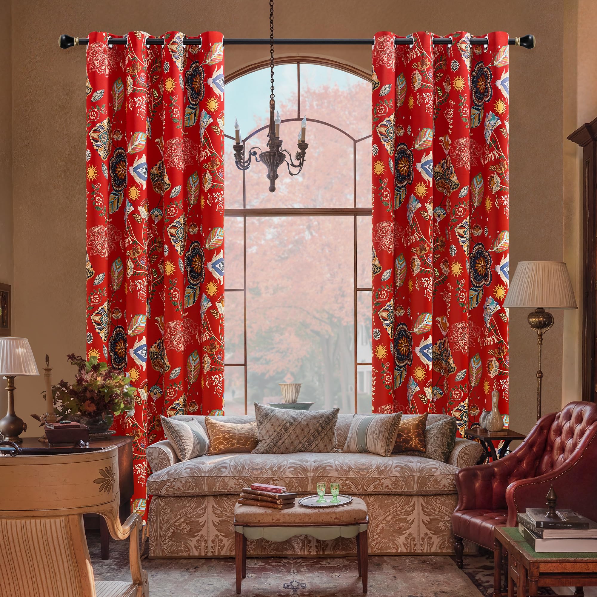 Gordijn Boho, gordijnen voor slaapkamer, vintage geel, blauw