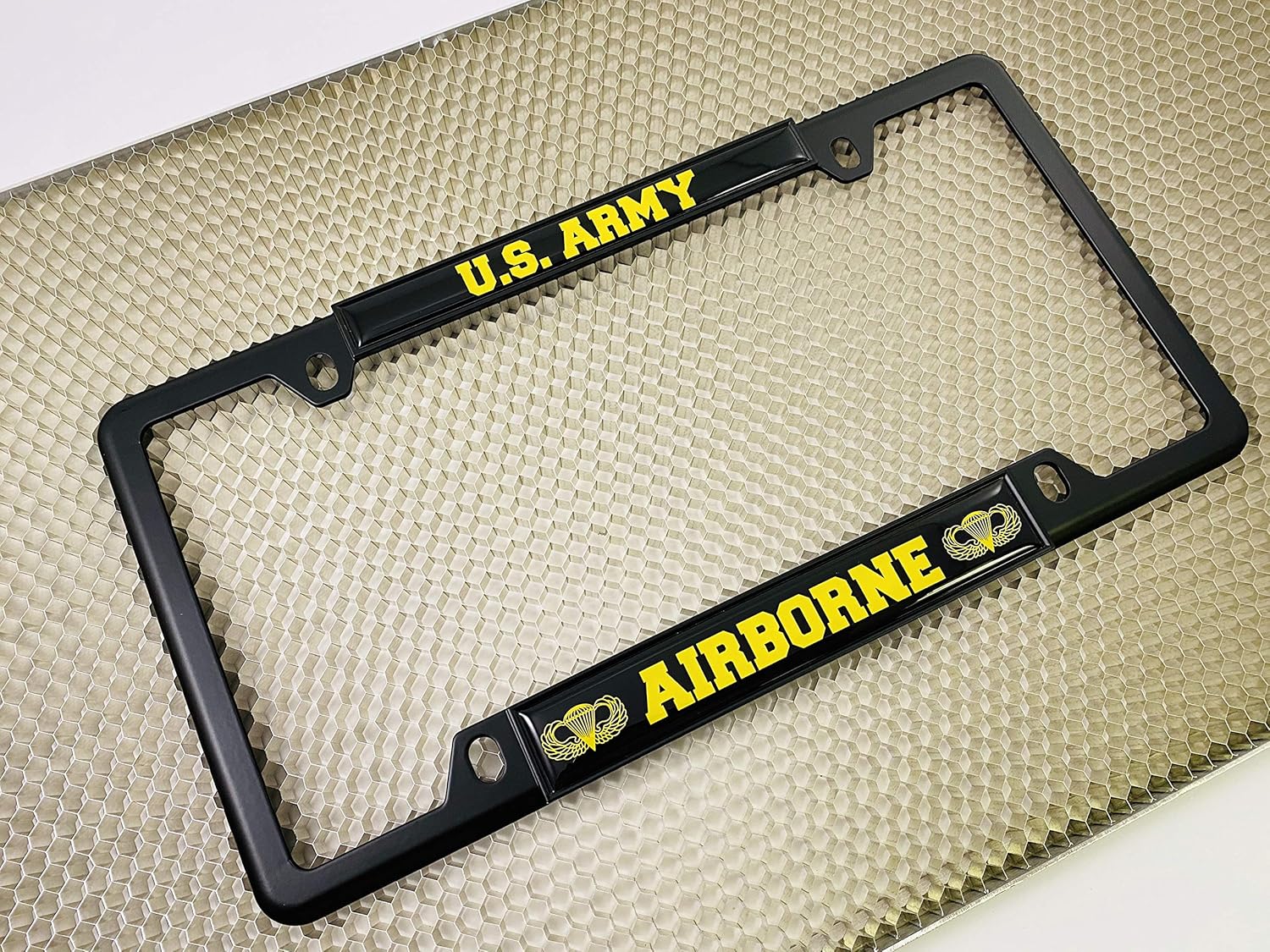 [Officially Licensed Product] - U.S. Army Airborne (Black & Yellow Text) - Domed Custom-Made Personalized Narrow (Thin) Top 4 Hole Metal Car License Plate Frame with Free caps - Black (Qty: 1 Frame)